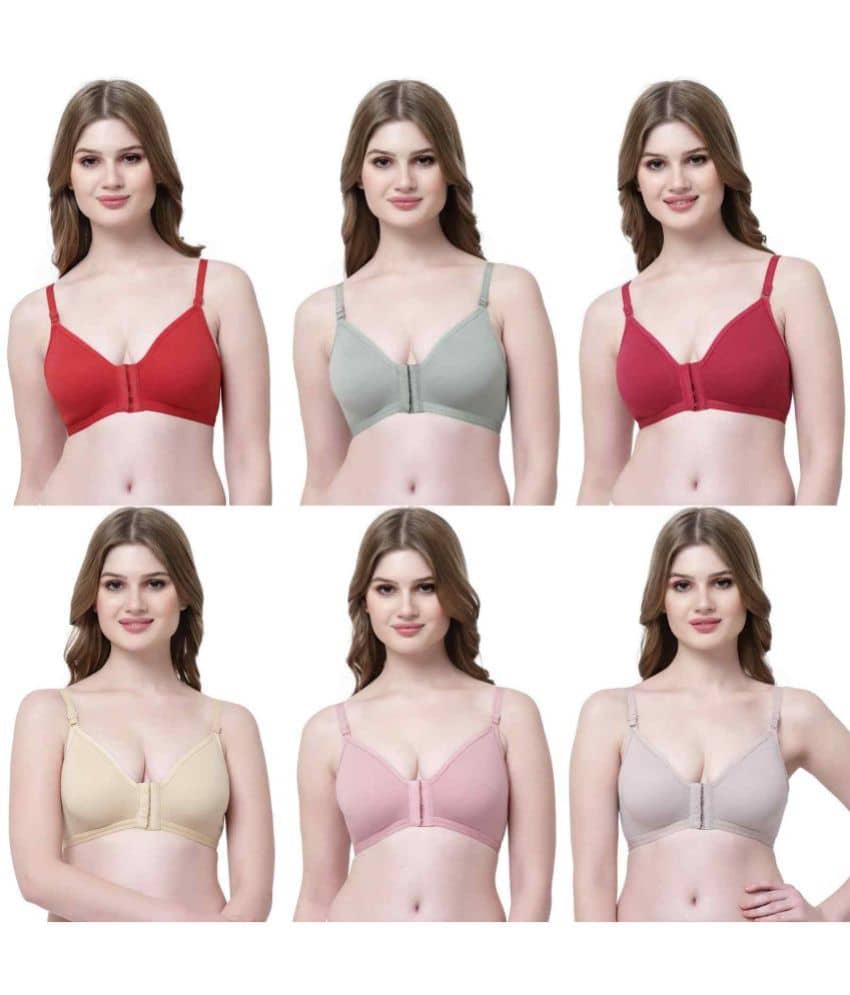Softskin Pack of 6 Cotton Blend Non Padded Women's T-Shirt Bra ( Multicolor ) FRONT OPEN