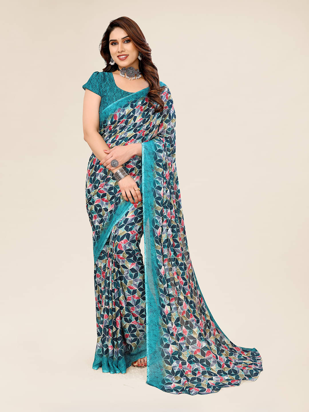     			ANAND SAREES Georgette Printed Saree With Unstitched Blouse Piece ( Blue )