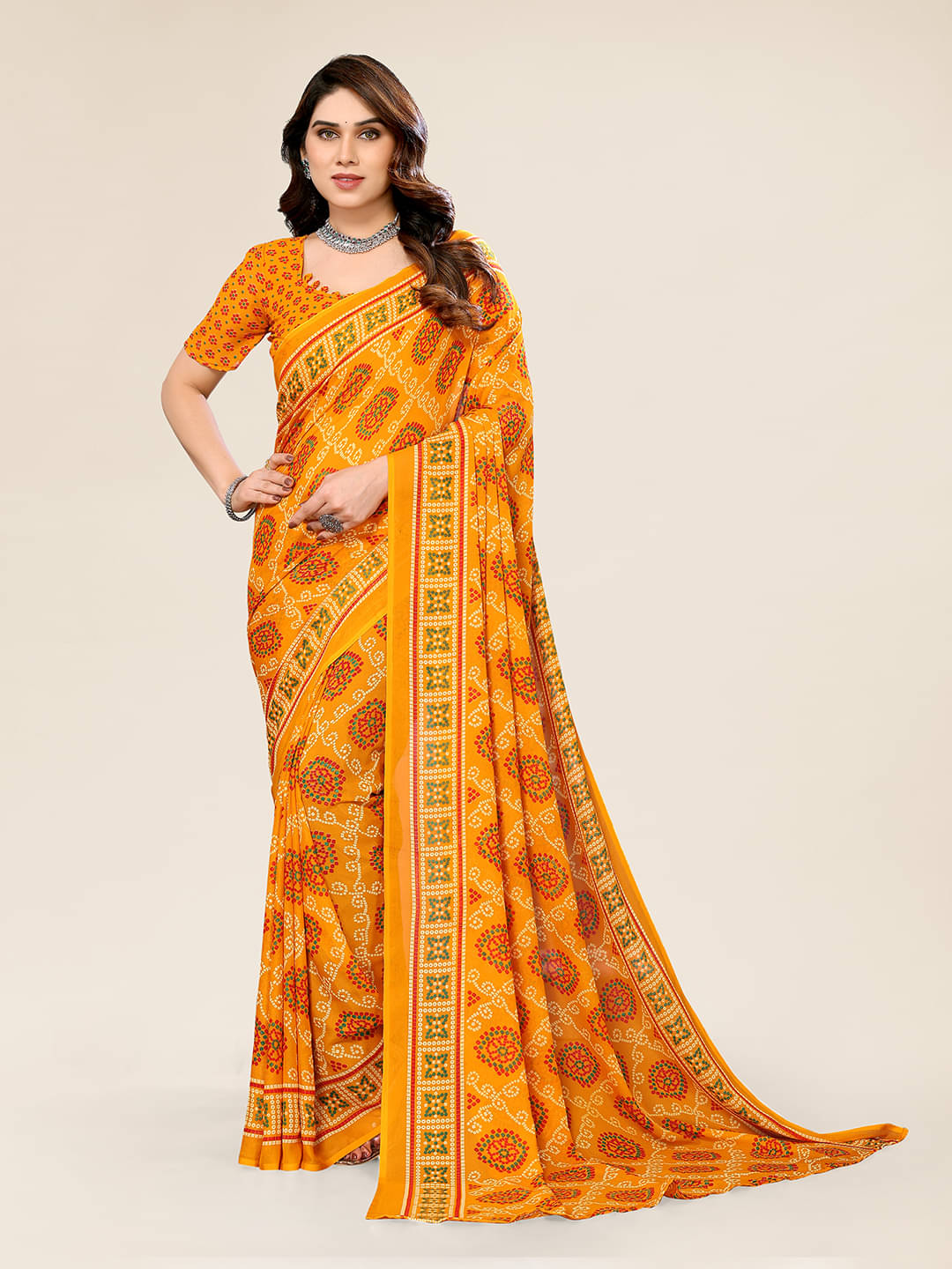 ANAND SAREES Georgette Printed Saree With Unstitched Blouse Piece ( Mustard ) ANAND SAREES Georgette Printed Saree With Unstitched Blouse Piece ( Mustard )