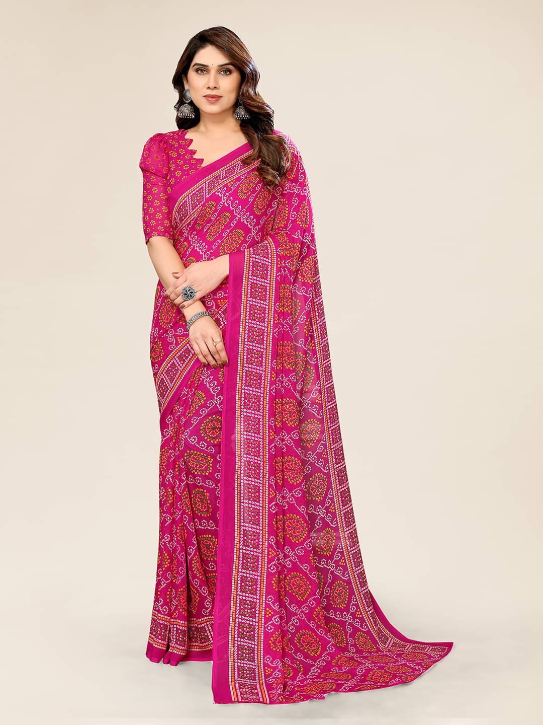 ANAND SAREES Georgette Printed Saree With Unstitched Blouse Piece ( Pink ) ANAND SAREES Georgette Printed Saree With Unstitched Blouse Piece ( Pink )