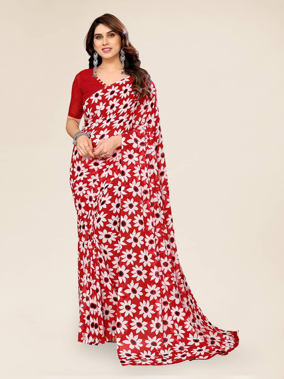 ANAND SAREES Georgette Printed Saree With Unstitched Blouse Piece ( Red ) ANAND SAREES Georgette Printed Saree With Unstitched Blouse Piece ( Red )