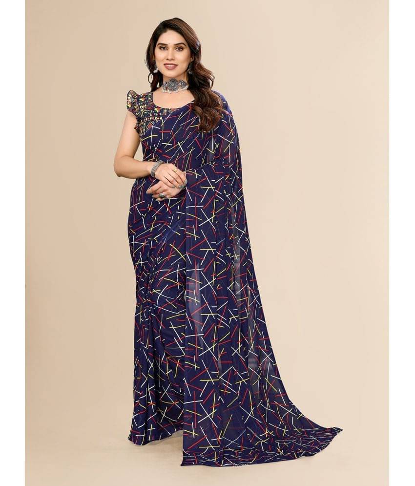 ANAND SAREES Georgette Printed Saree With Unstitched Blouse Piece ( Navy Blue ) ANAND SAREES Georgette Printed Saree With Unstitched Blouse Piece ( Navy Blue )