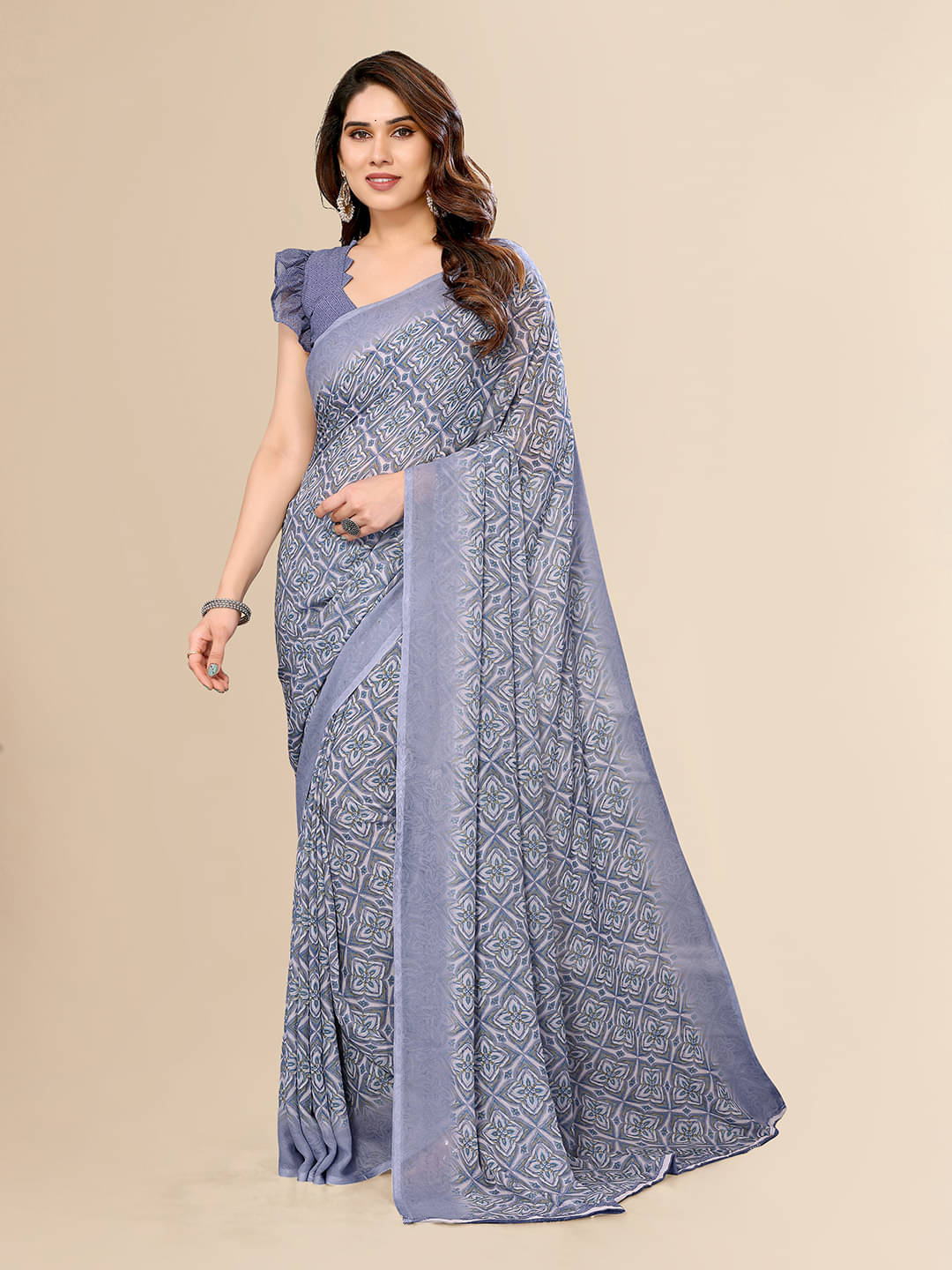 ANAND SAREES Georgette Printed Saree With Unstitched Blouse Piece ( Grey ) ANAND SAREES Georgette Printed Saree With Unstitched Blouse Piece ( Grey )