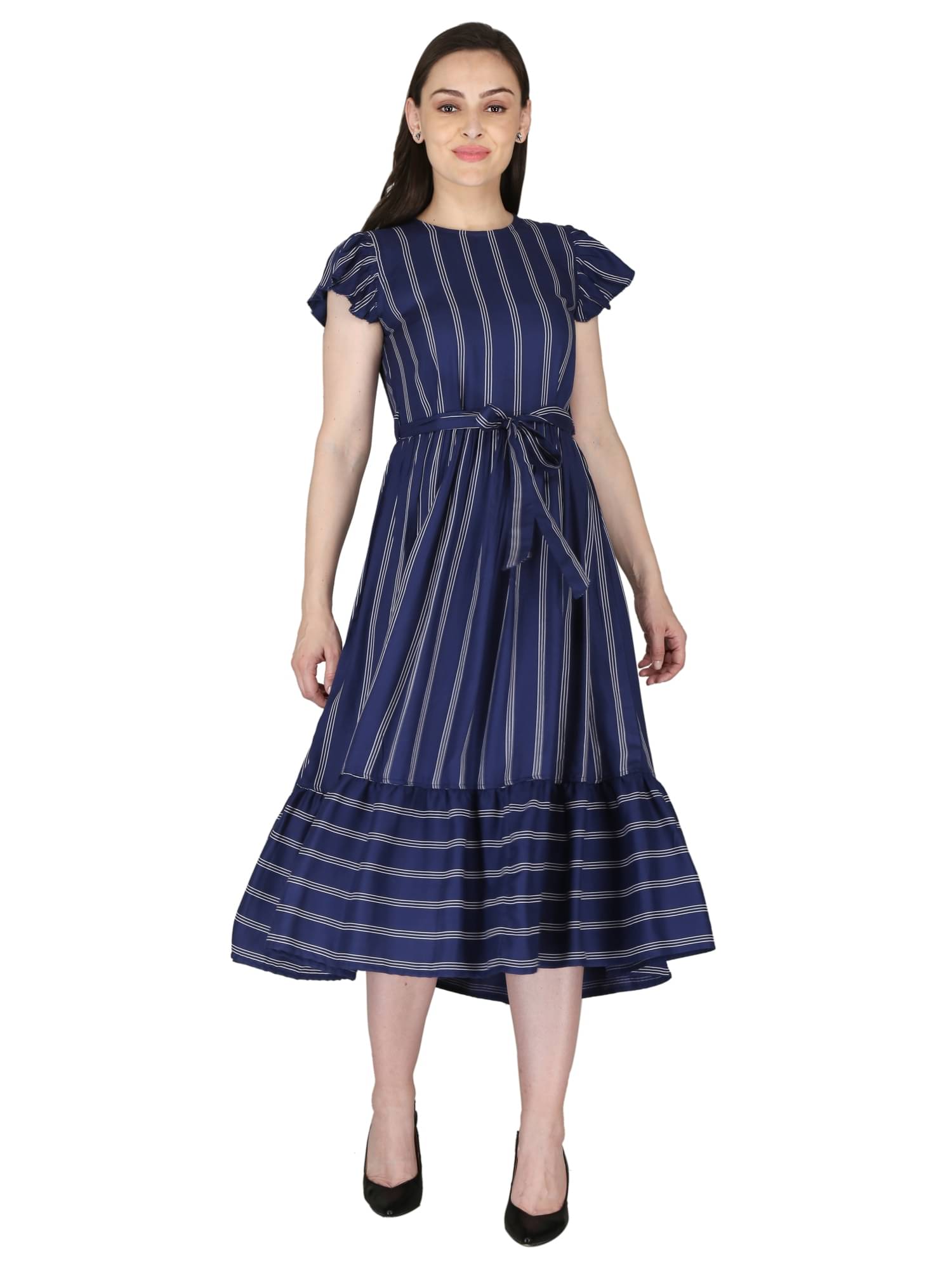     			Flamboyant Rayon Striped Ankle Length Women's Fit & Flare Dress - Blue ( Pack of 1 )