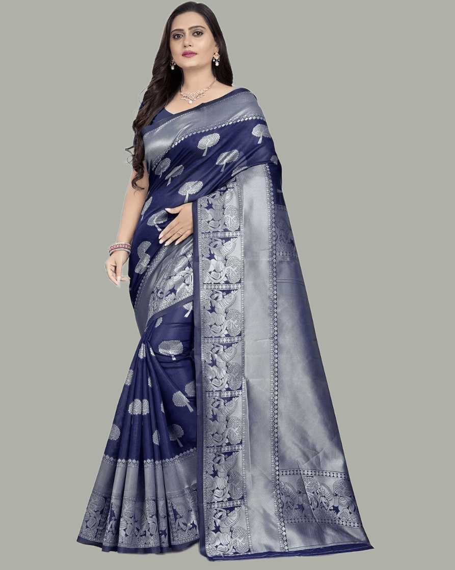 GARIYA Art Silk Embellished Saree With Unstitched Blouse Piece ( Navy Blue ) - Sarees | Buy online on ZillyBuy
