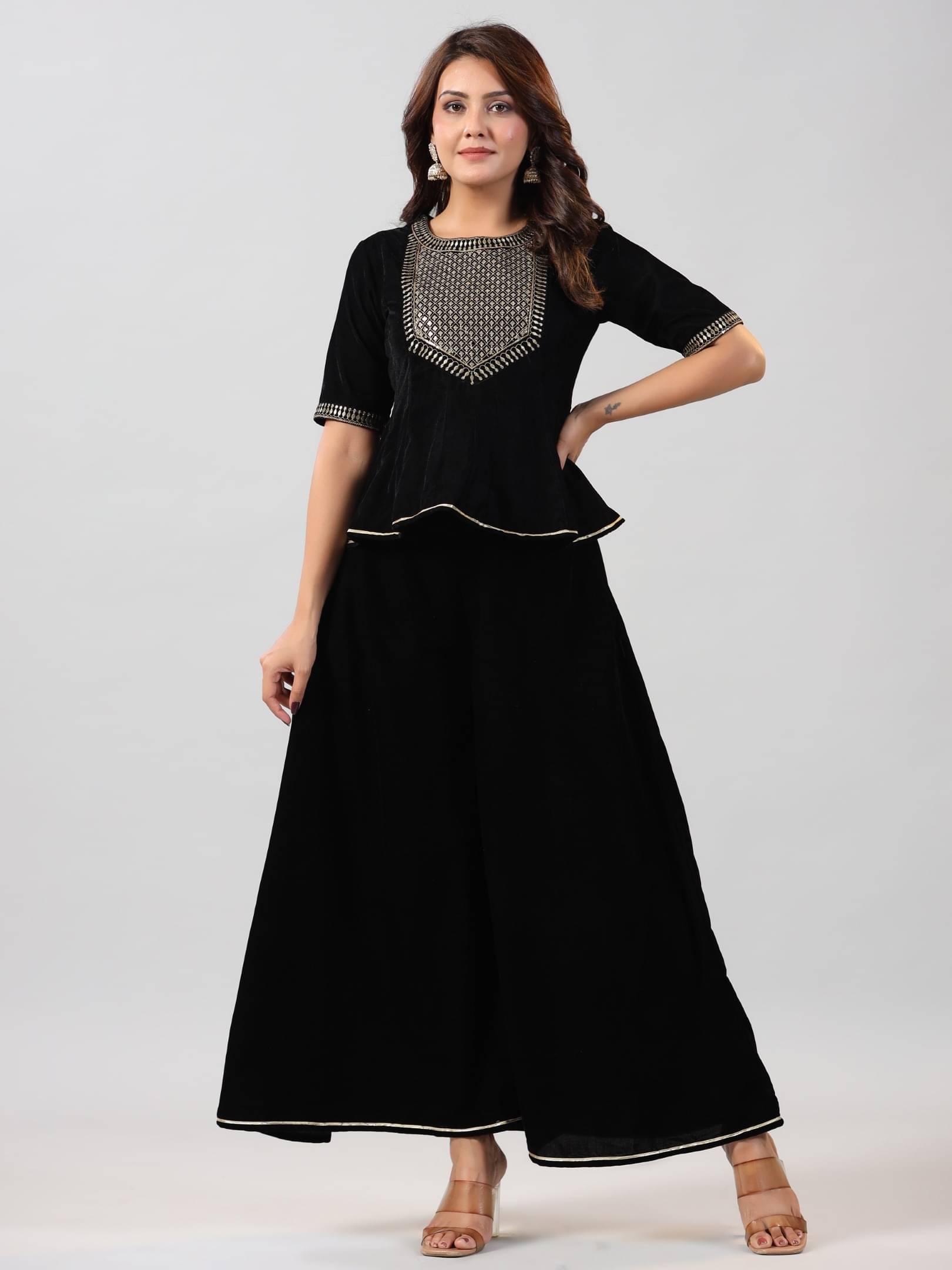     			Juniper Women Embellished Top With Palazzos Co-Ord Set ( Black )