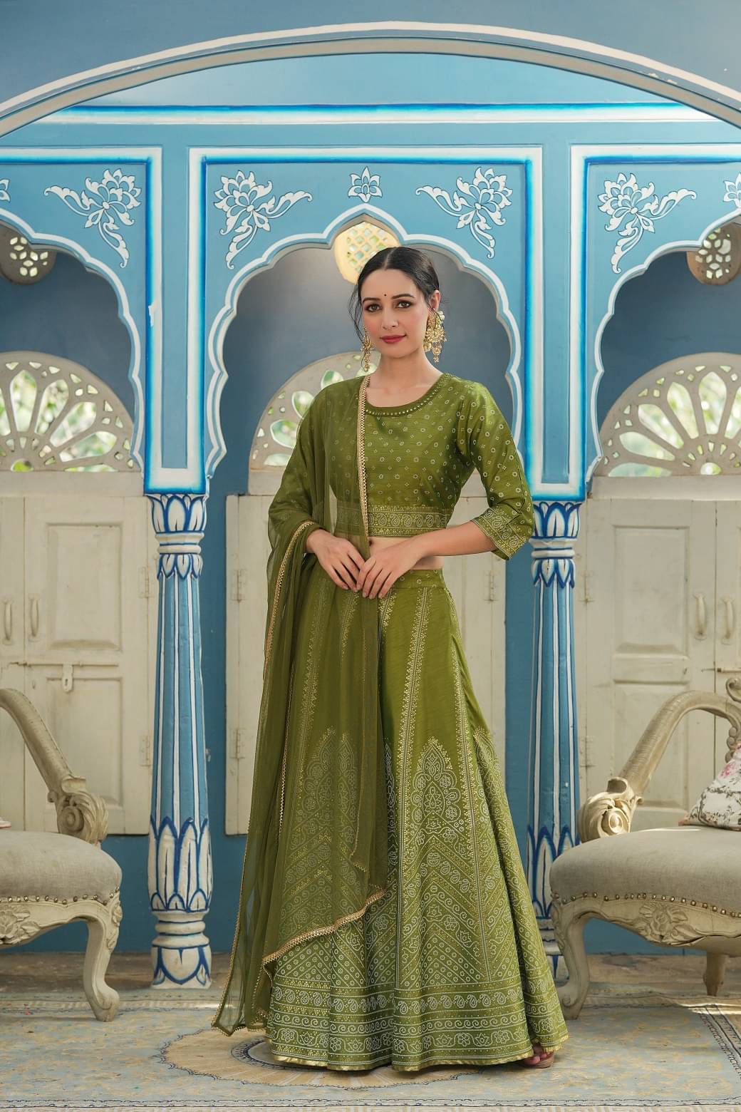     			Juniper Green Shantoon A-line Stitched Lehenga Single