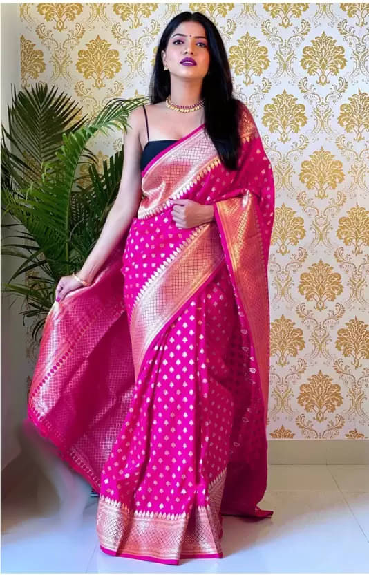 KanjiQueen Art Silk Embellished Saree With Unstitched Blouse Piece ( Rani ) KanjiQueen Art Silk Embellished Saree With Unstitched Blouse Piece ( Rani )
