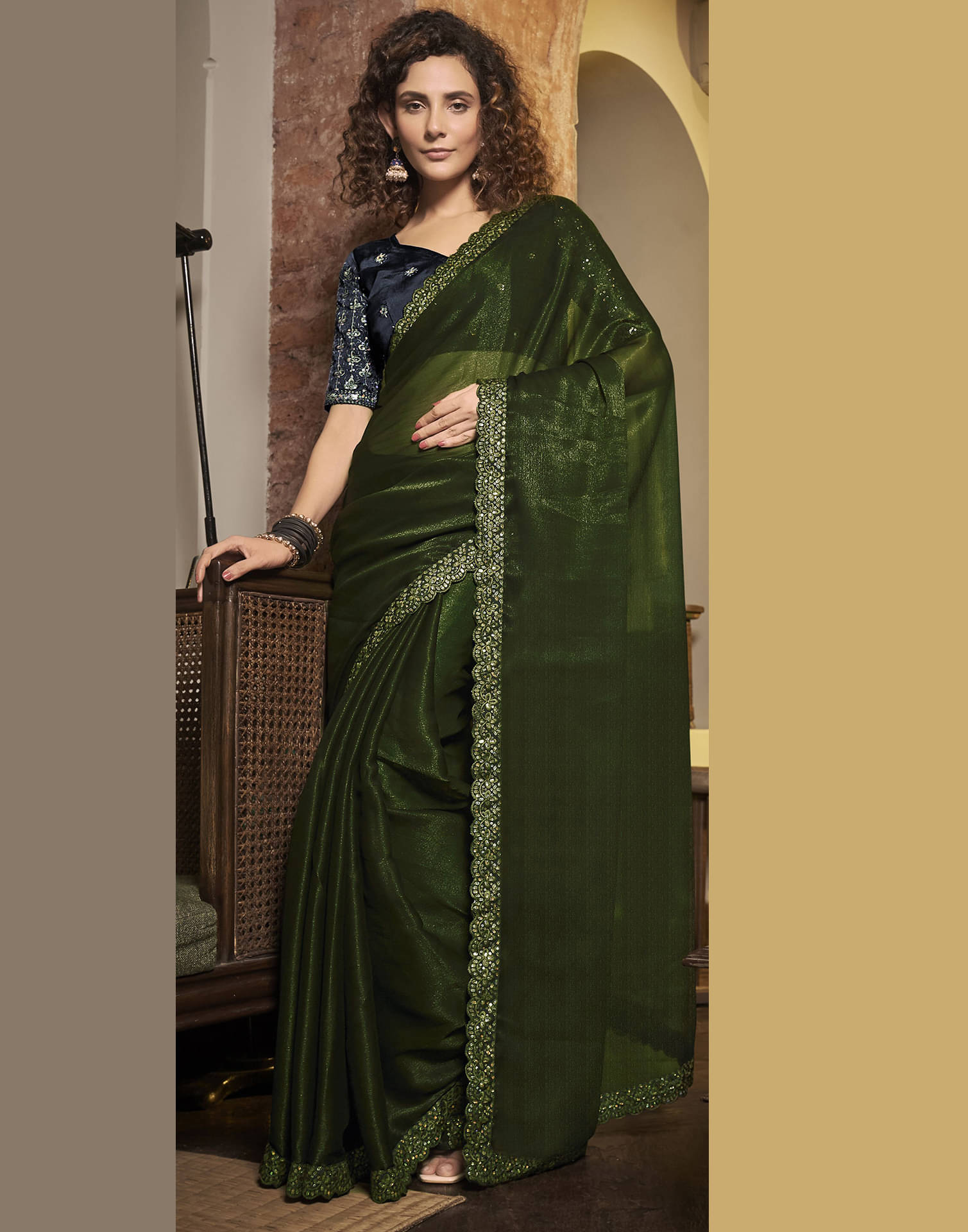 Satrani Chiffon Embellished Saree With Unstitched Blouse Piece ( Olive ) Satrani Chiffon Embellished Saree With Unstitched Blouse Piece ( Olive )