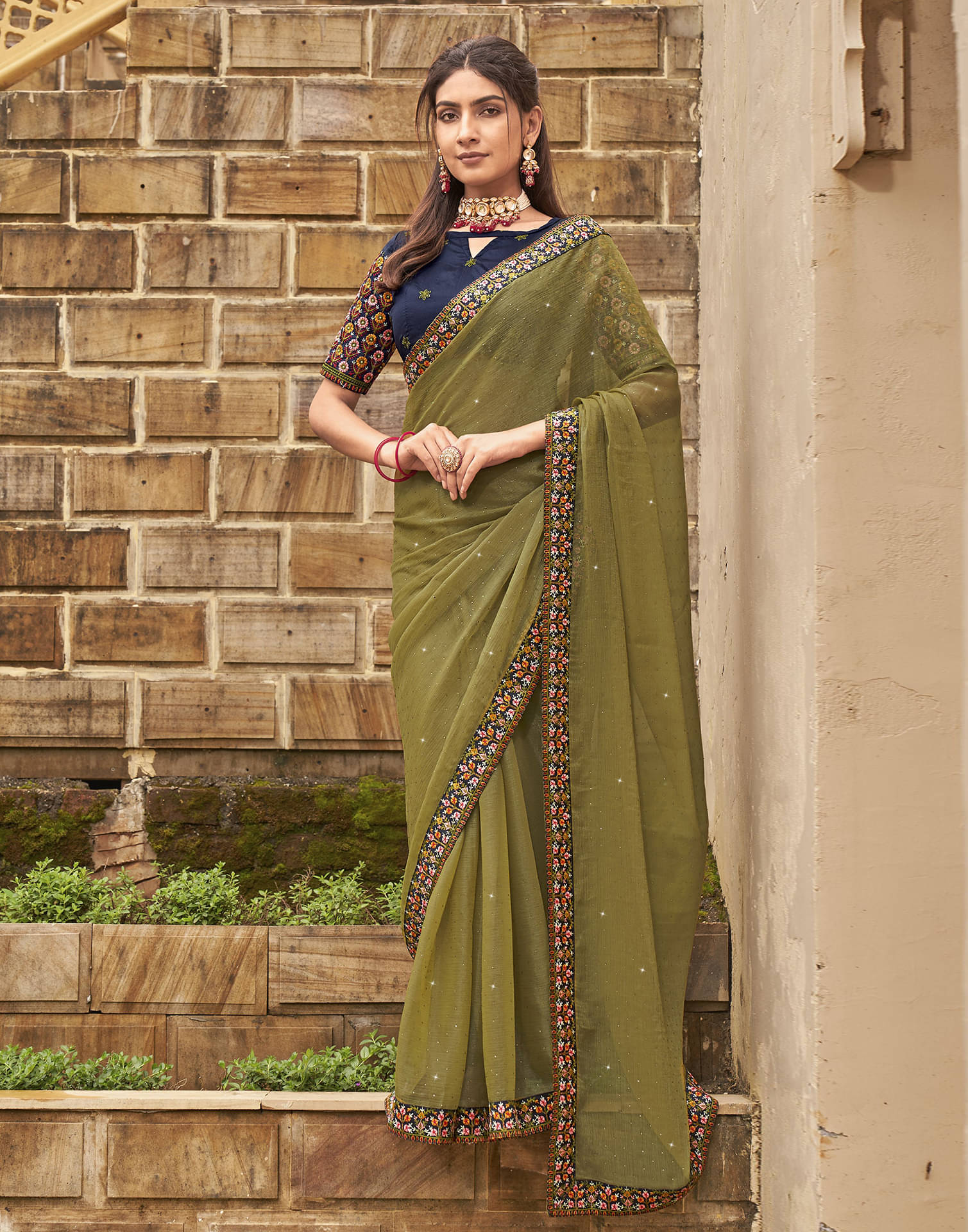 Satrani Chiffon Embellished Saree With Unstitched Blouse Piece ( Olive ) Satrani Chiffon Embellished Saree With Unstitched Blouse Piece ( Olive )