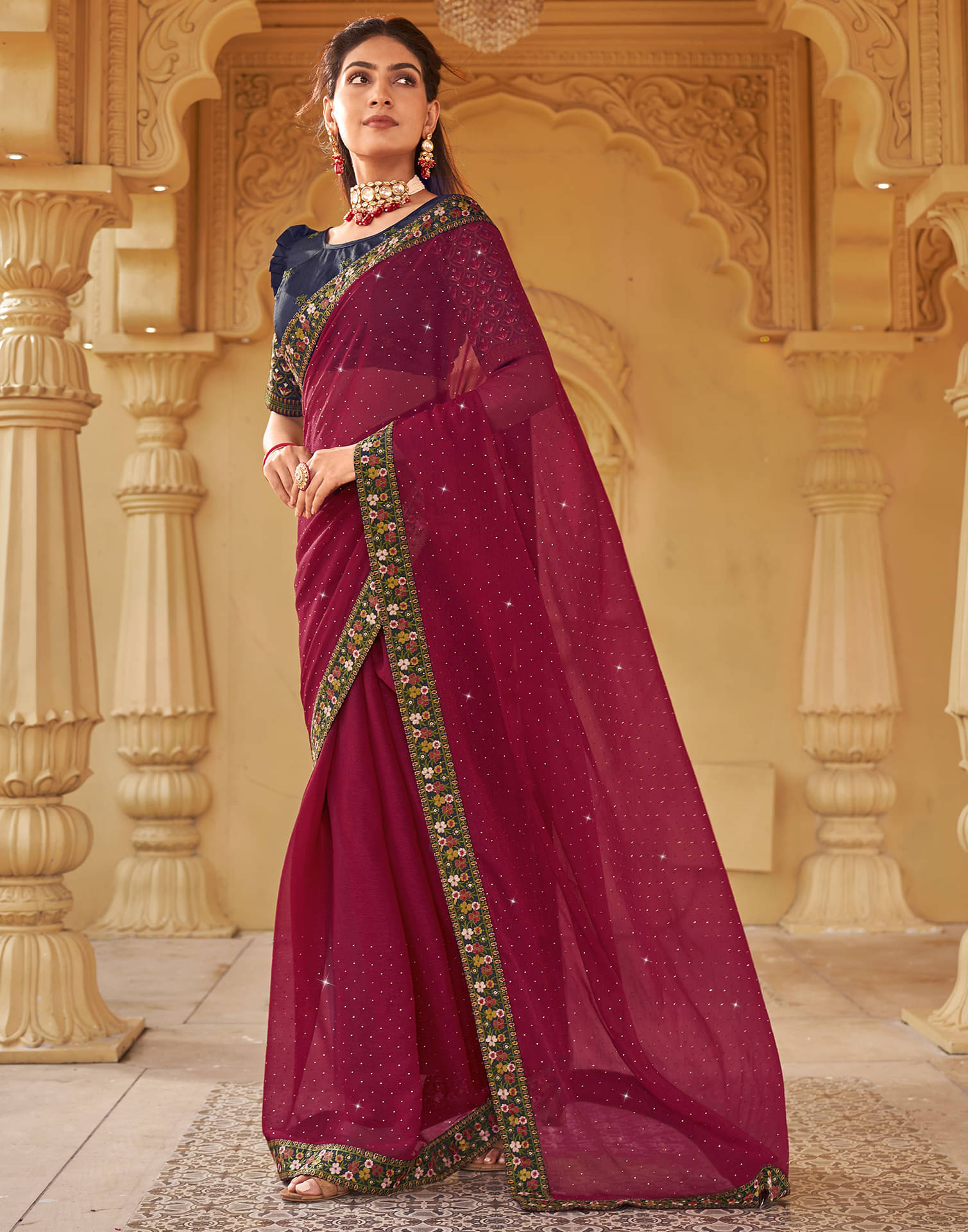     			Satrani Chiffon Embellished Saree With Unstitched Blouse Piece ( Pink )