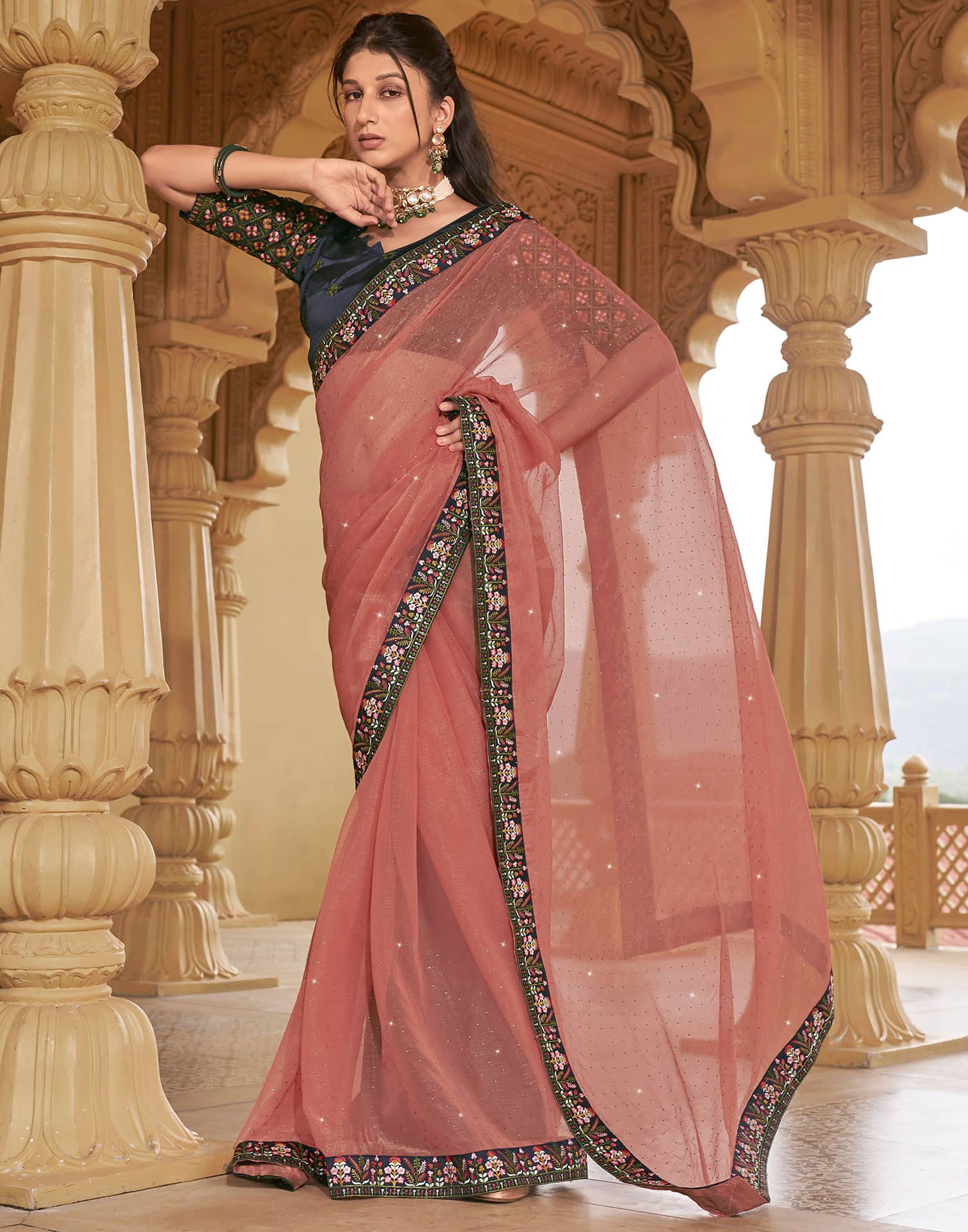     			Satrani Chiffon Embellished Saree With Unstitched Blouse Piece ( Peach )
