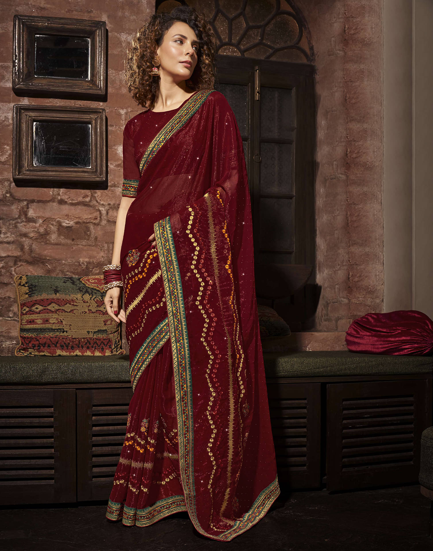     			Satrani Chiffon Embroidered Saree With Unstitched Blouse Piece ( Maroon )