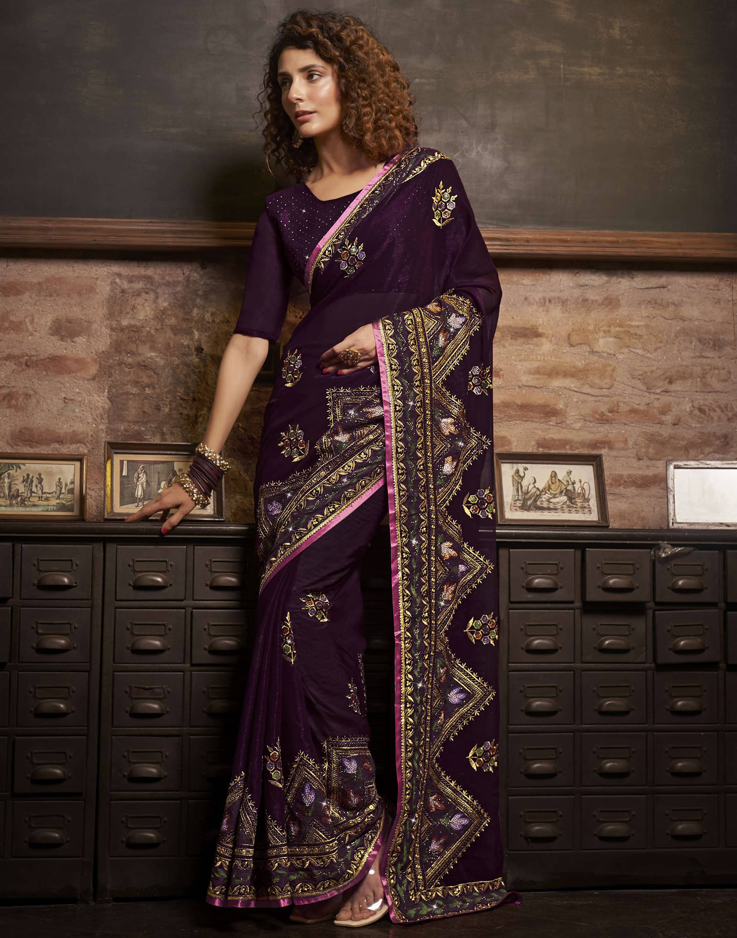 Satrani Chiffon Embroidered Saree With Unstitched Blouse Piece ( Wine ) Satrani Chiffon Embroidered Saree With Unstitched Blouse Piece ( Wine )
