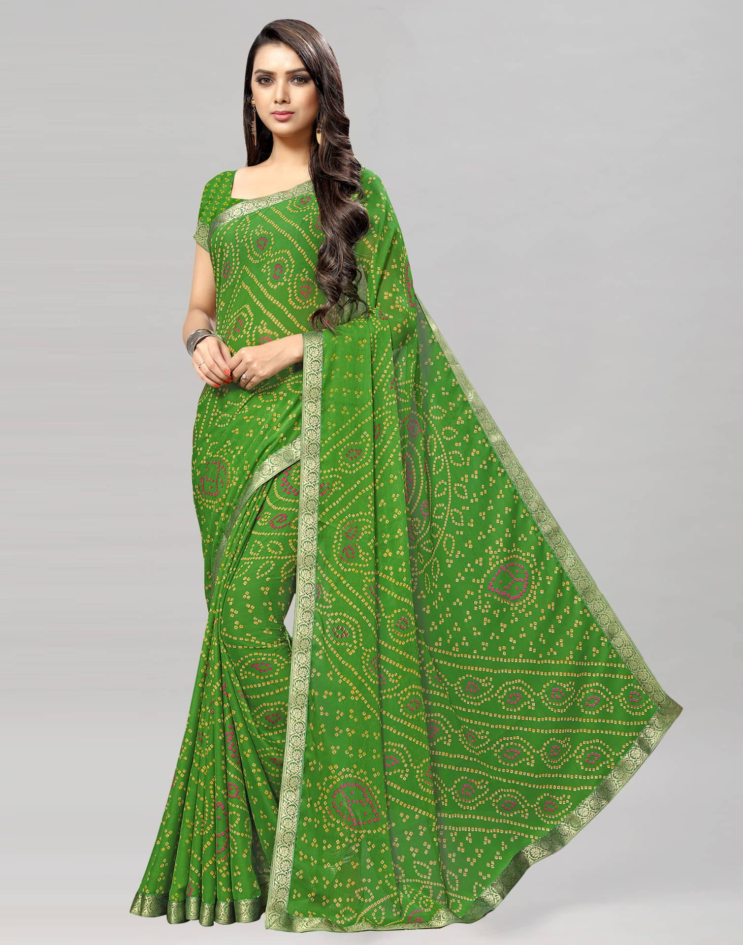     			Satrani Chiffon Printed Saree With Unstitched Blouse Piece ( Lime Green )