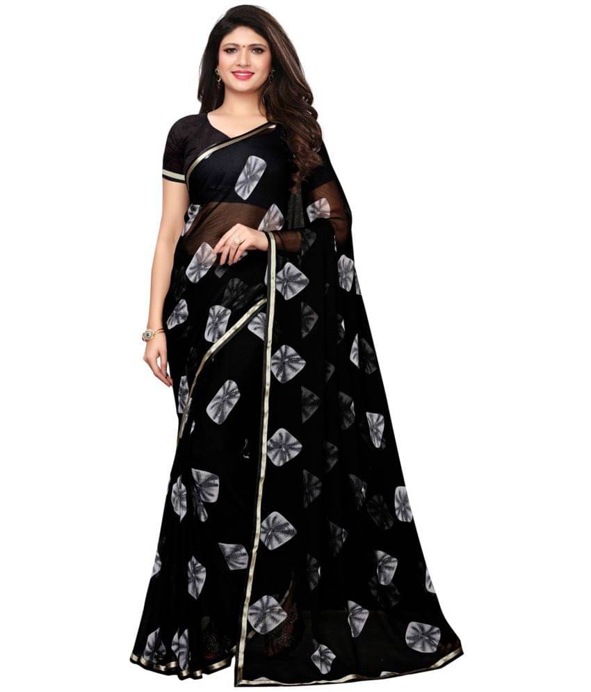 Satrani Chiffon Printed Saree With Unstitched Blouse Piece ( Black ) Satrani Chiffon Printed Saree With Unstitched Blouse Piece ( Black )