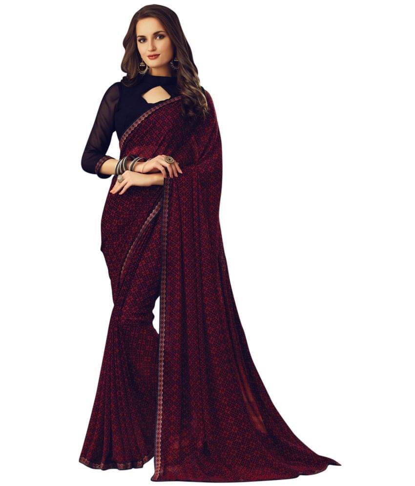     			Satrani Chiffon Printed Saree With Unstitched Blouse Piece ( Navy Blue )
