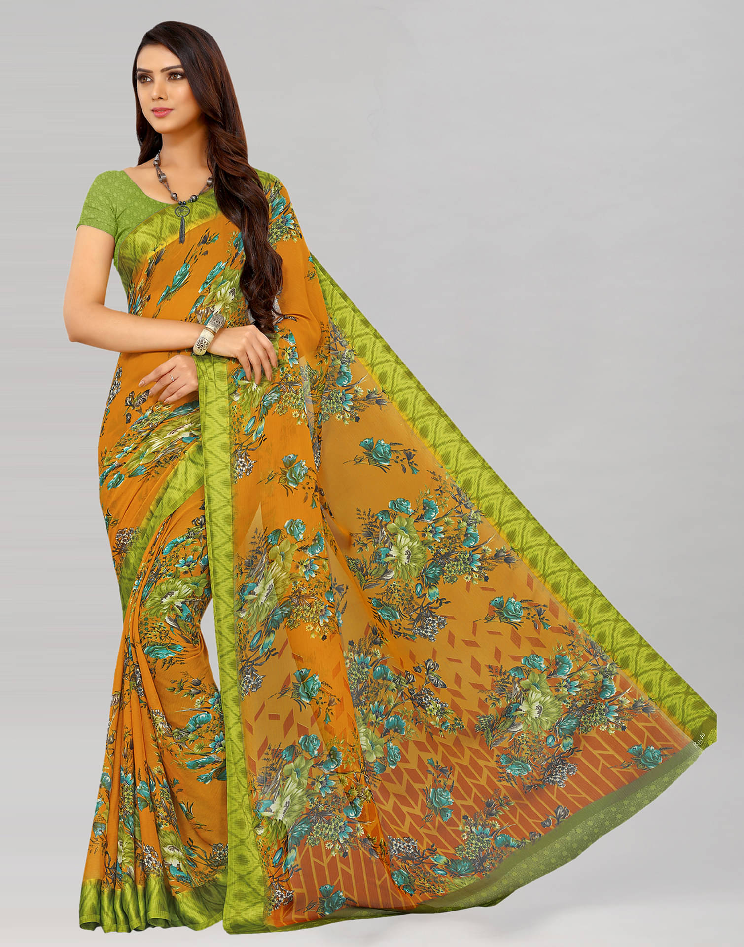 Satrani Chiffon Printed Saree With Unstitched Blouse Piece ( Yellow ) Satrani Chiffon Printed Saree With Unstitched Blouse Piece ( Yellow )