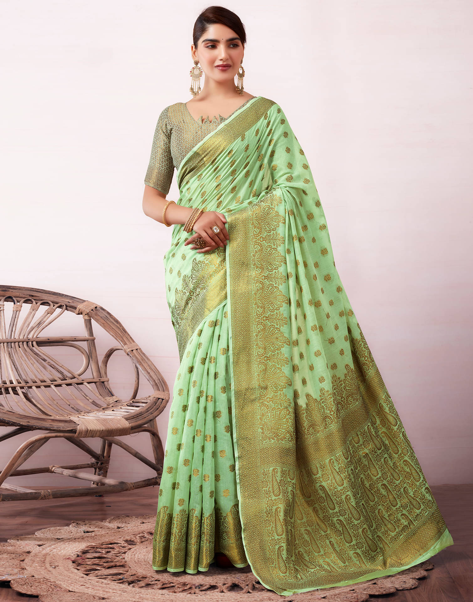 Satrani Cotton Silk Self Design Saree With Unstitched Blouse Piece ( Lime Green ) Satrani Cotton Silk Self Design Saree With Unstitched Blouse Piece ( Lime Green )