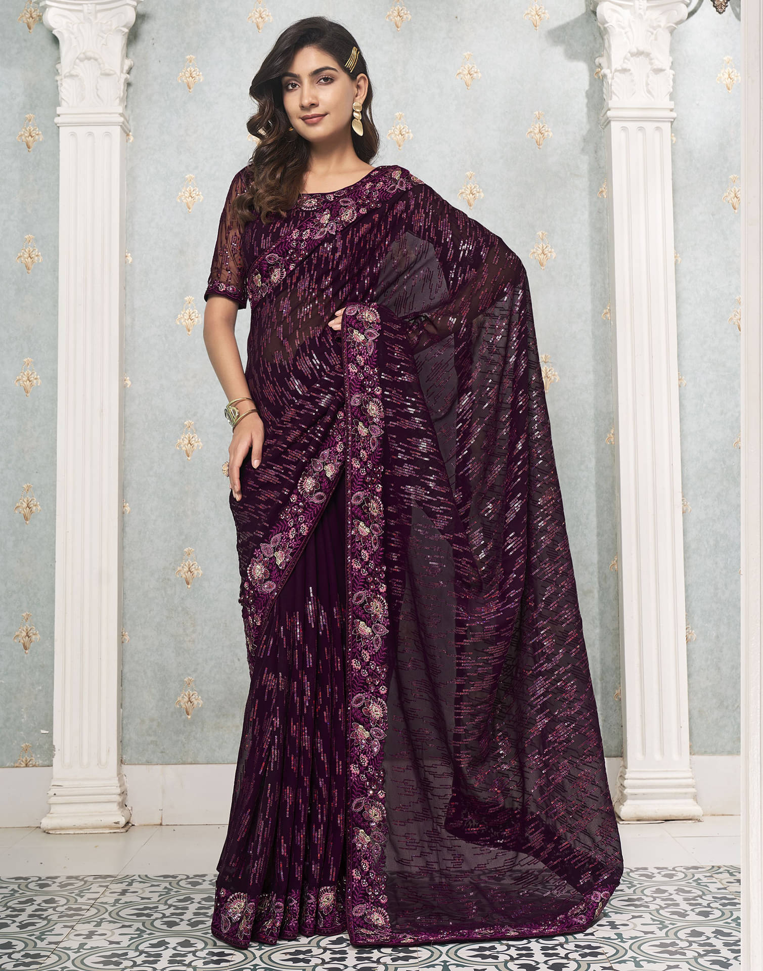 Satrani Georgette Embellished Saree With Unstitched Blouse Piece ( Wine ) Satrani Georgette Embellished Saree With Unstitched Blouse Piece ( Wine )