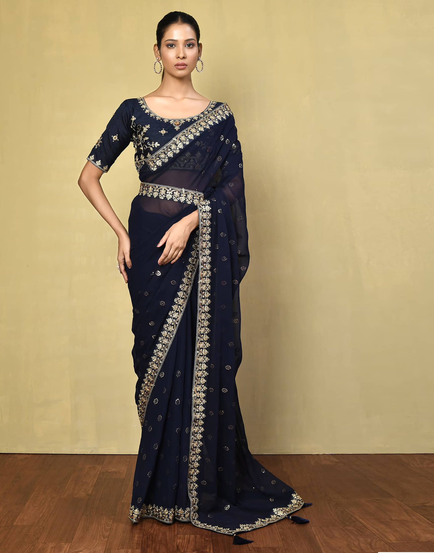 Satrani Georgette Embellished Saree With Unstitched Blouse Piece ( Navy Blue ) Satrani Georgette Embellished Saree With Unstitched Blouse Piece ( Navy Blue )