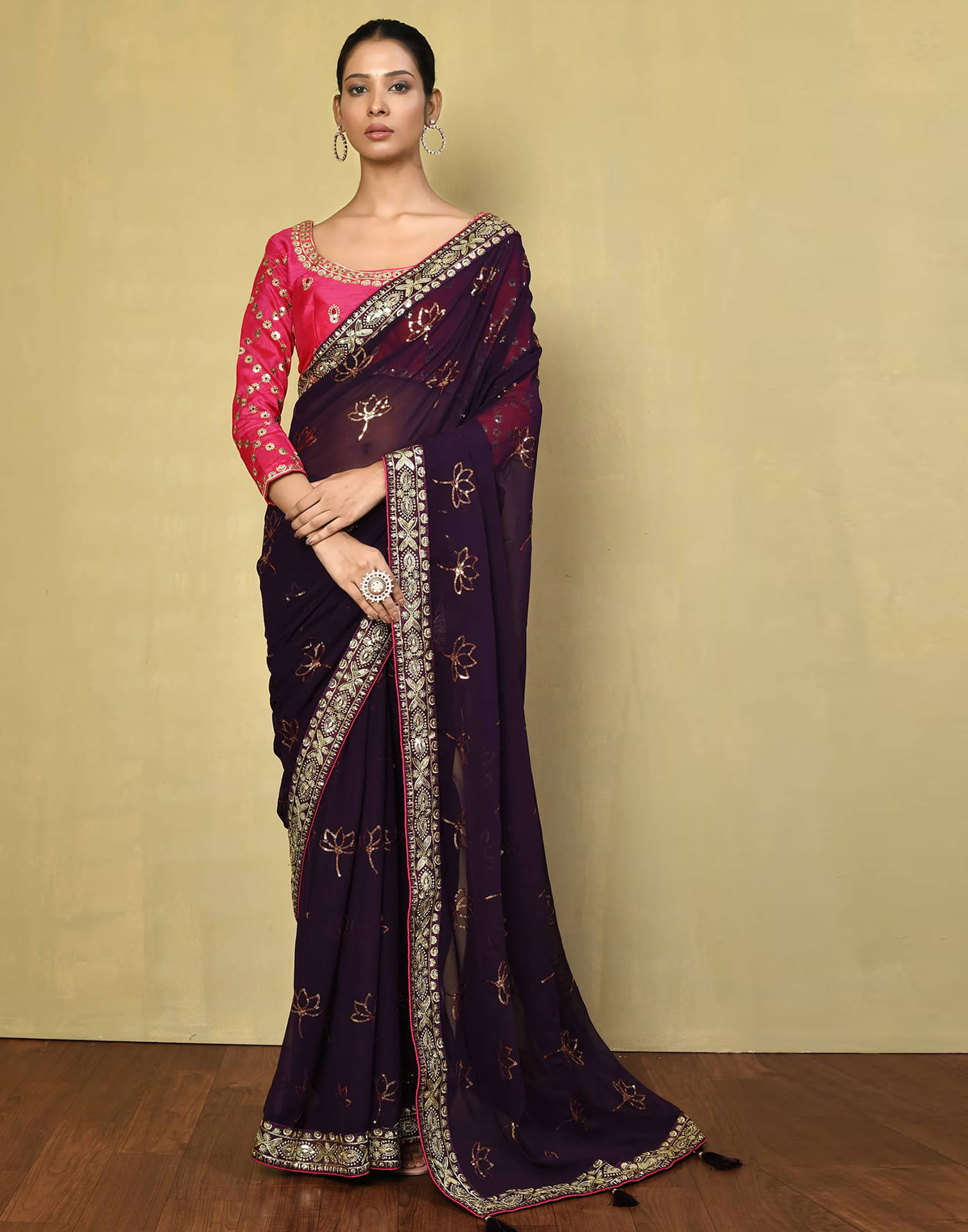     			Satrani Georgette Embellished Saree With Unstitched Blouse Piece ( Purple )