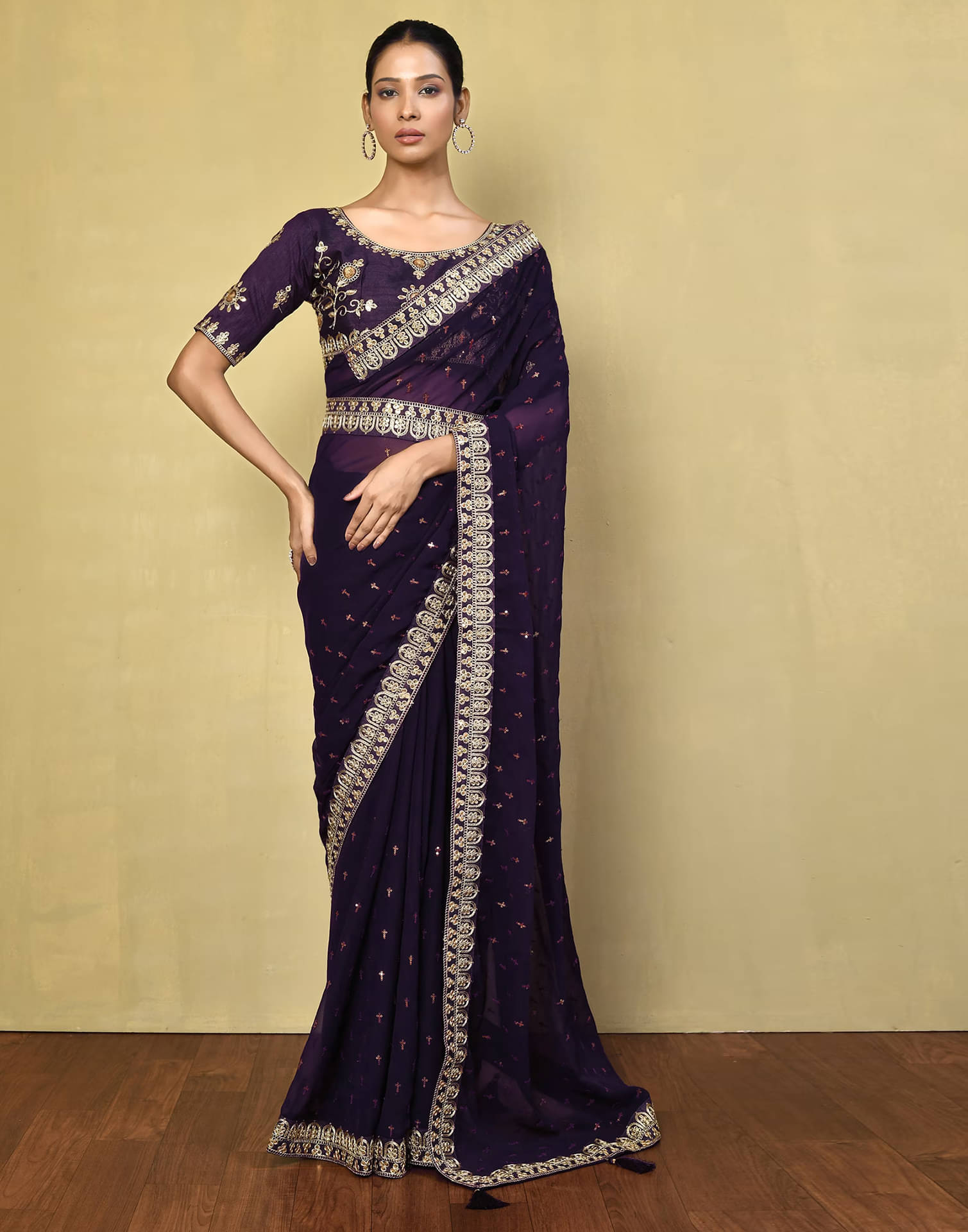     			Satrani Georgette Embellished Saree With Unstitched Blouse Piece ( Purple )