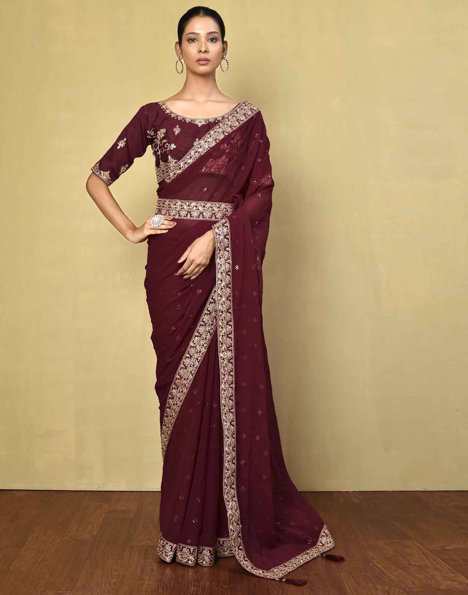     			Satrani Georgette Embellished Saree With Unstitched Blouse Piece ( Wine )