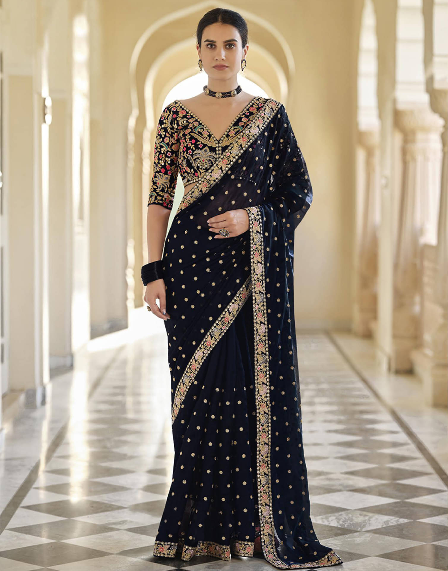 Satrani Georgette Embroidered Saree With Unstitched Blouse Piece ( Black ) Satrani Georgette Embroidered Saree With Unstitched Blouse Piece ( Black )
