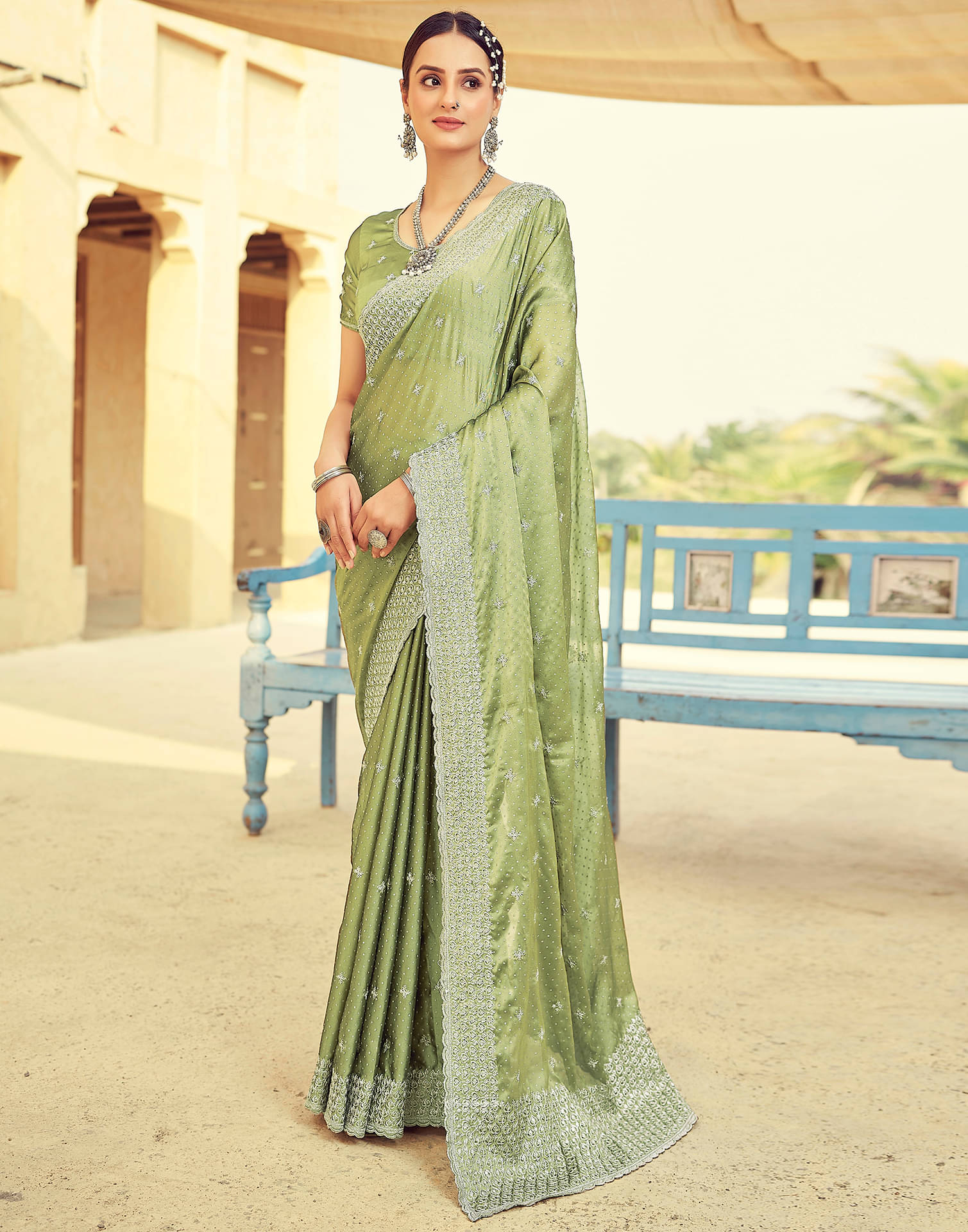     			Satrani Georgette Embroidered Saree With Unstitched Blouse Piece ( Olive )