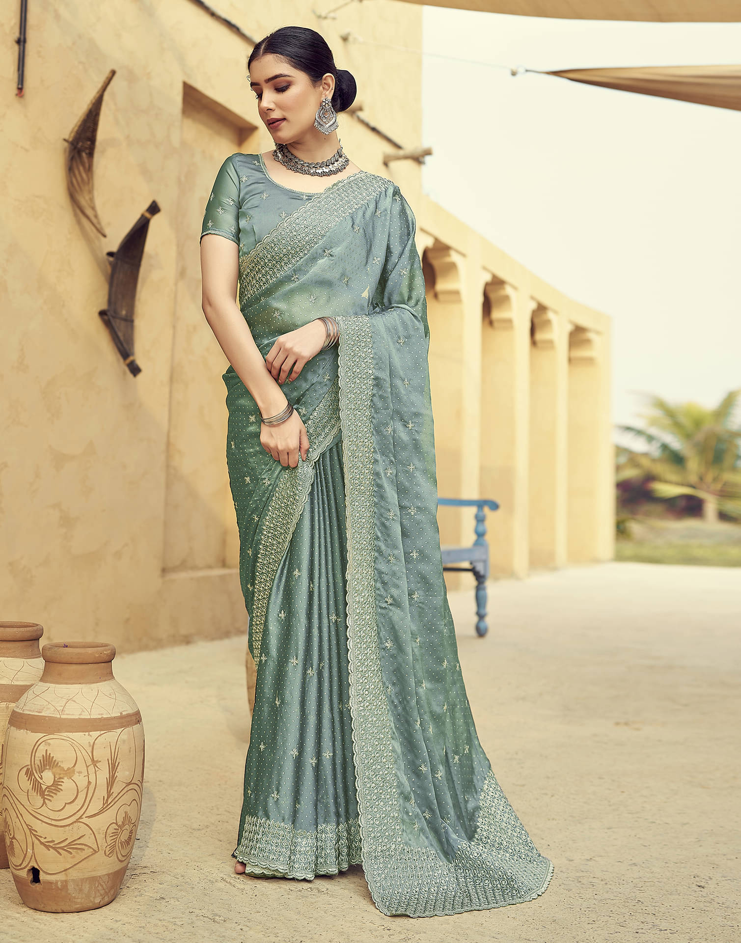 Satrani Georgette Embroidered Saree With Unstitched Blouse Piece ( Green ) Satrani Georgette Embroidered Saree With Unstitched Blouse Piece ( Green )
