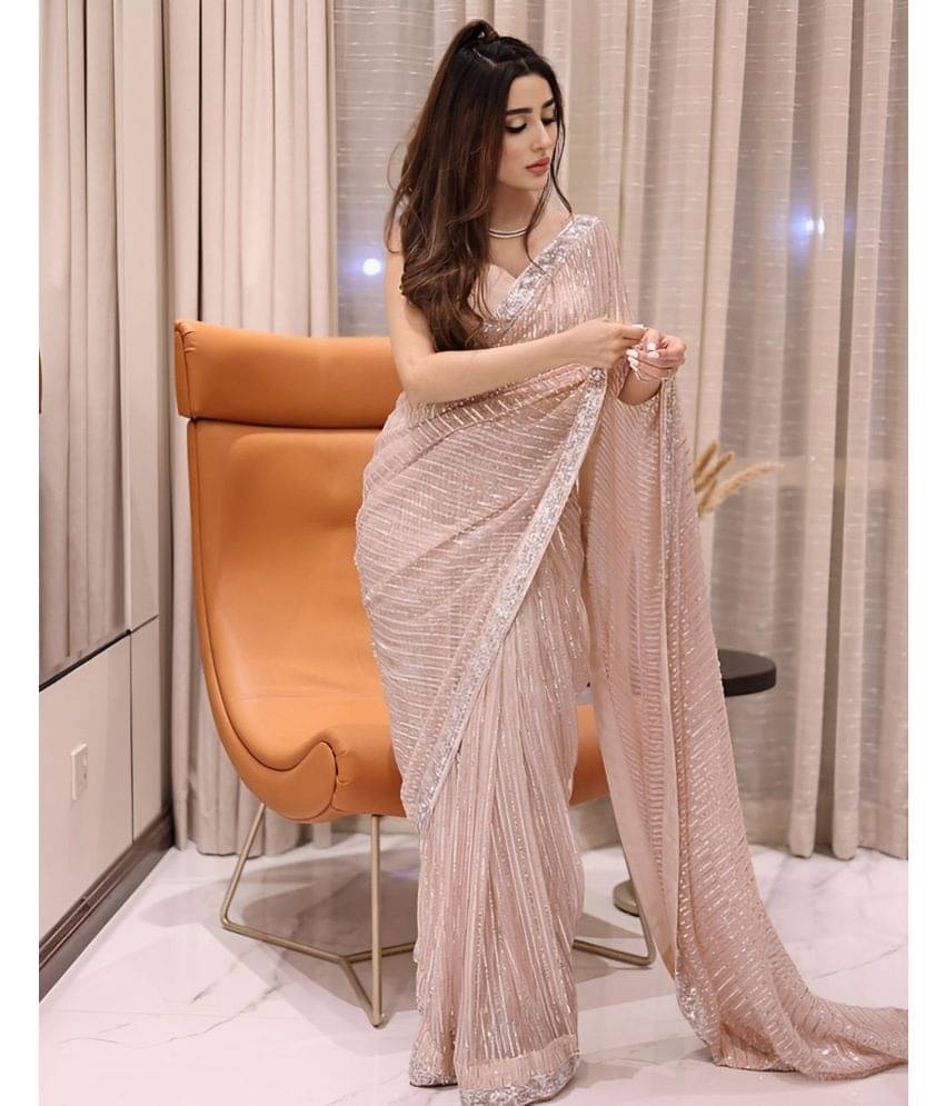     			Satrani Georgette Embroidered Saree With Unstitched Blouse Piece ( Peach )