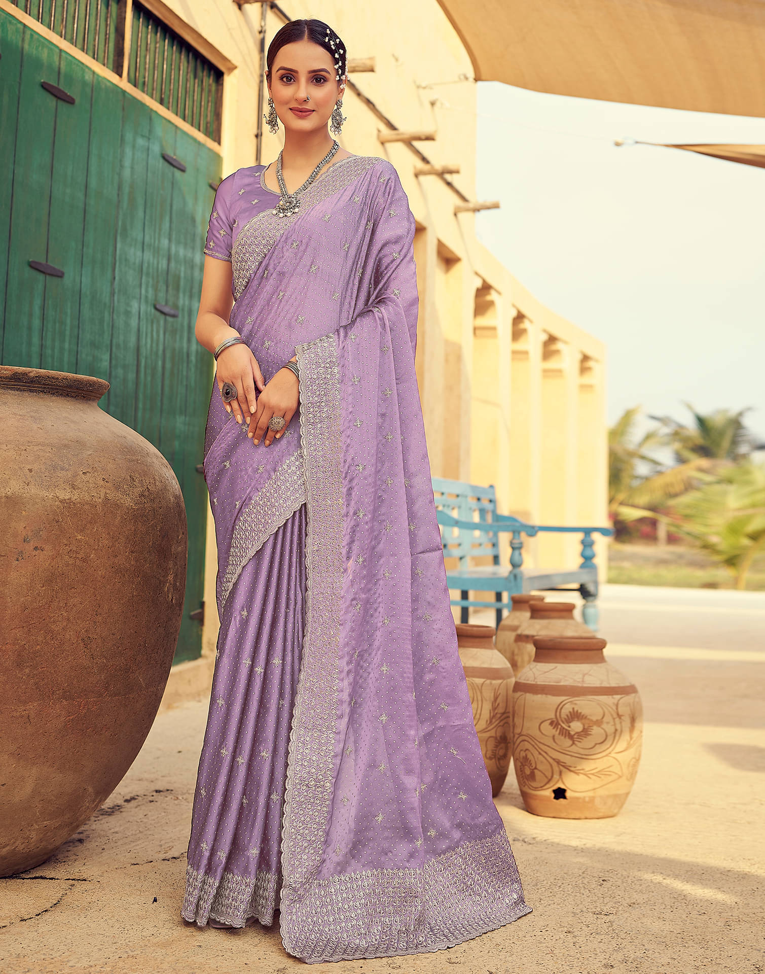 Satrani Georgette Embroidered Saree With Unstitched Blouse Piece ( Purple ) Satrani Georgette Embroidered Saree With Unstitched Blouse Piece ( Purple )