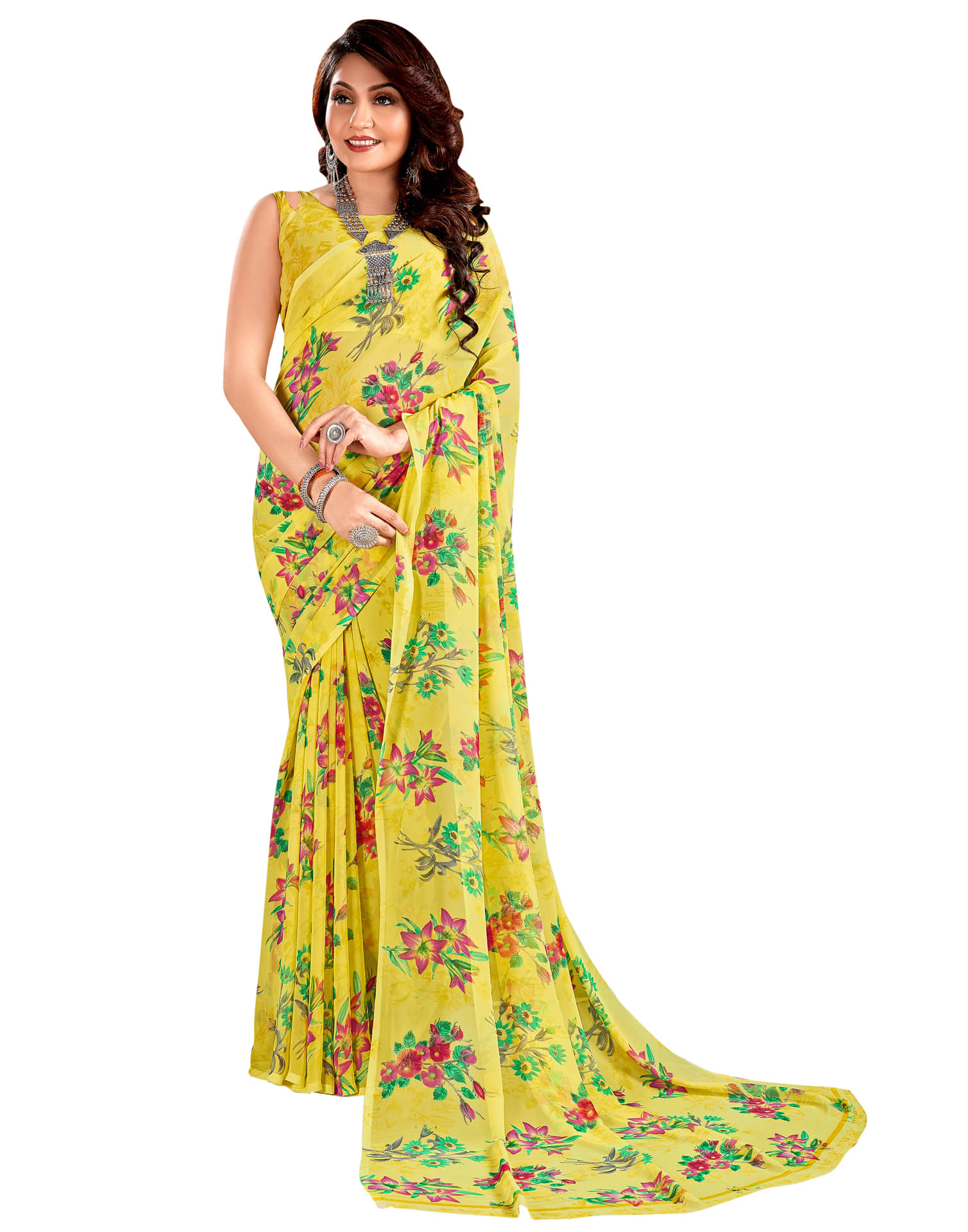 Satrani Georgette Printed Saree With Unstitched Blouse Piece ( Yellow ) Satrani Georgette Printed Saree With Unstitched Blouse Piece ( Yellow )