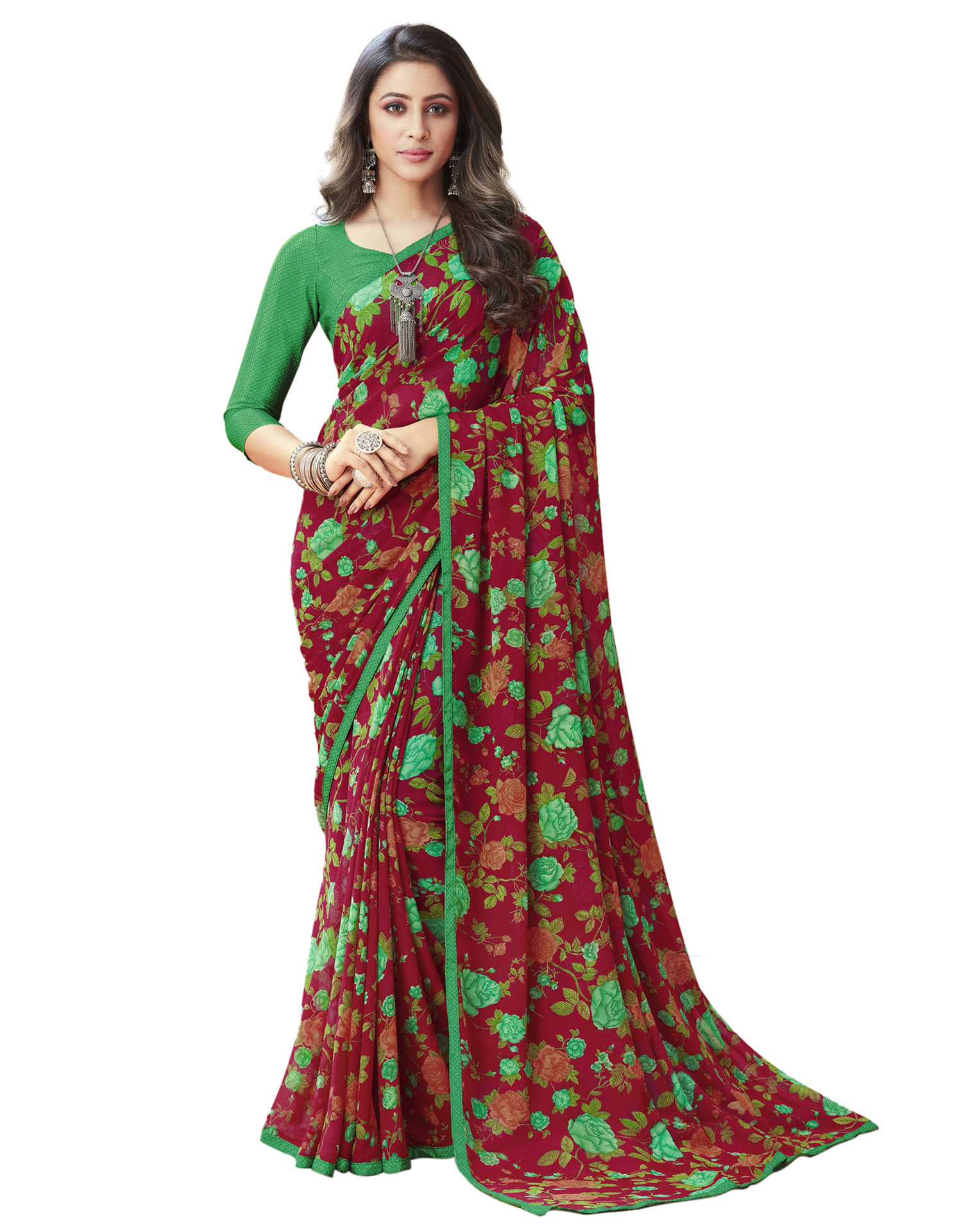     			Satrani Georgette Printed Saree With Unstitched Blouse Piece ( Maroon )