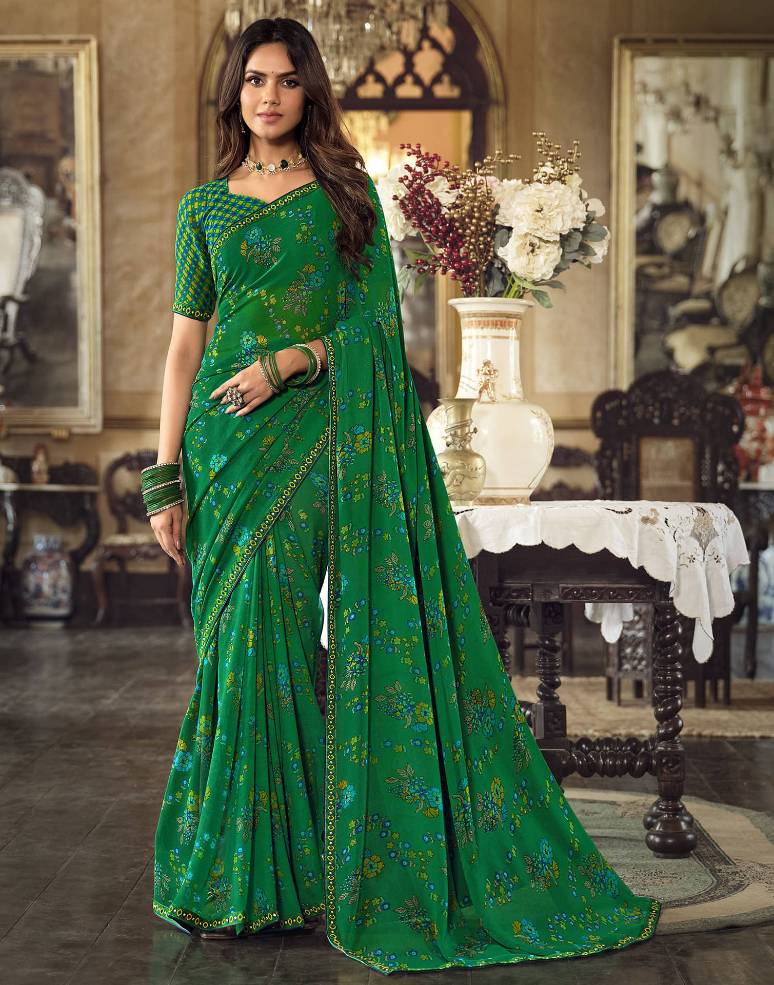 Satrani Georgette Printed Saree With Unstitched Blouse Piece ( Green ) Satrani Georgette Printed Saree With Unstitched Blouse Piece ( Green )