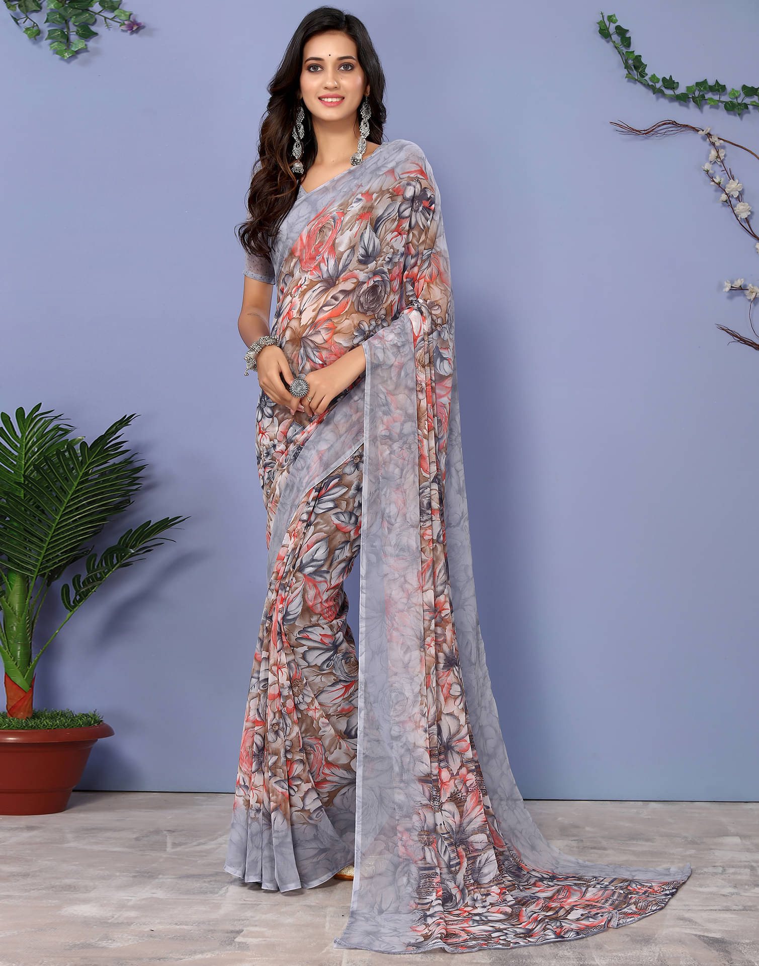     			Satrani Georgette Printed Saree With Unstitched Blouse Piece ( Grey )