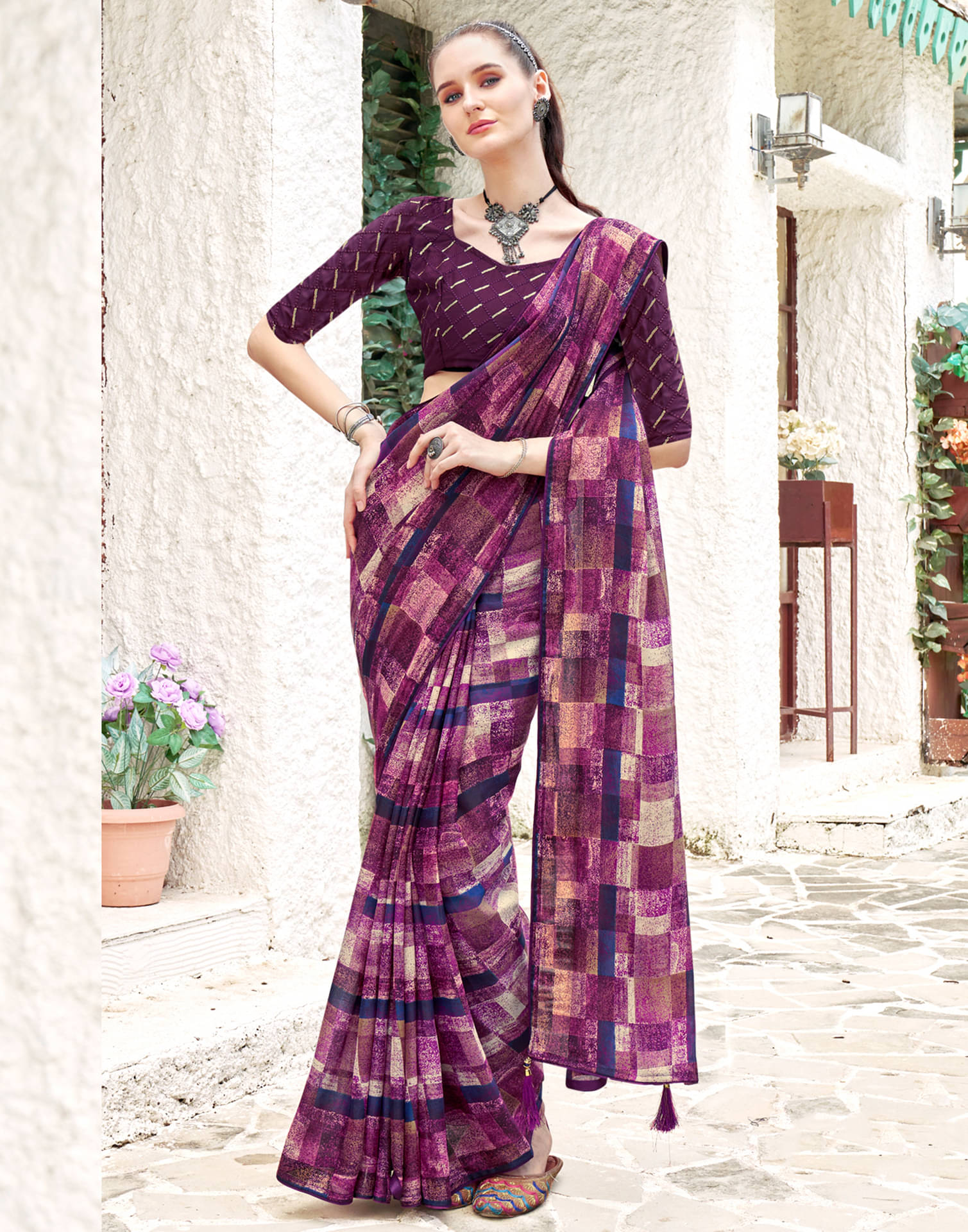Satrani Georgette Printed Saree With Unstitched Blouse Piece ( Purple ) Satrani Georgette Printed Saree With Unstitched Blouse Piece ( Purple )