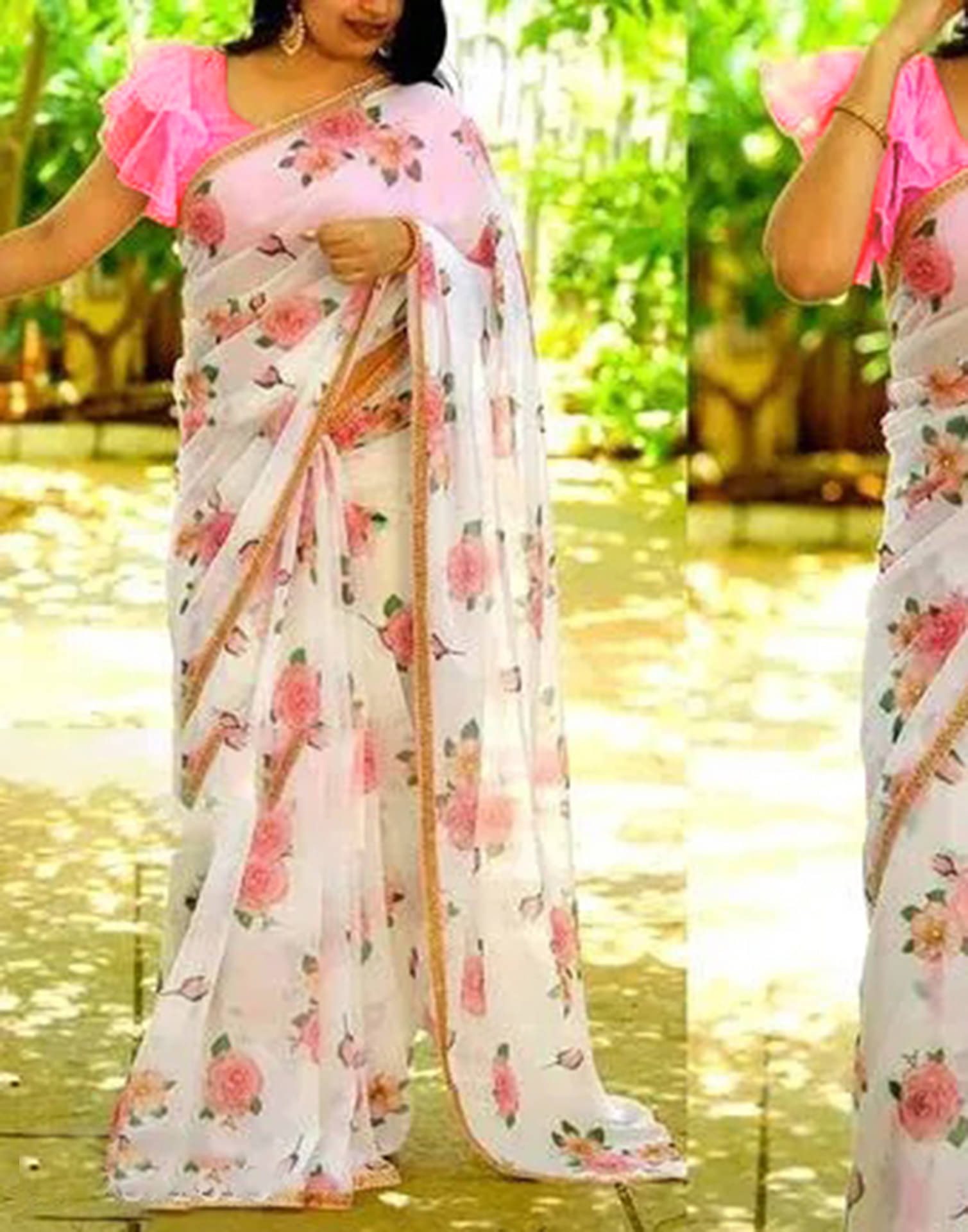     			Satrani Georgette Printed Saree With Unstitched Blouse Piece ( White )