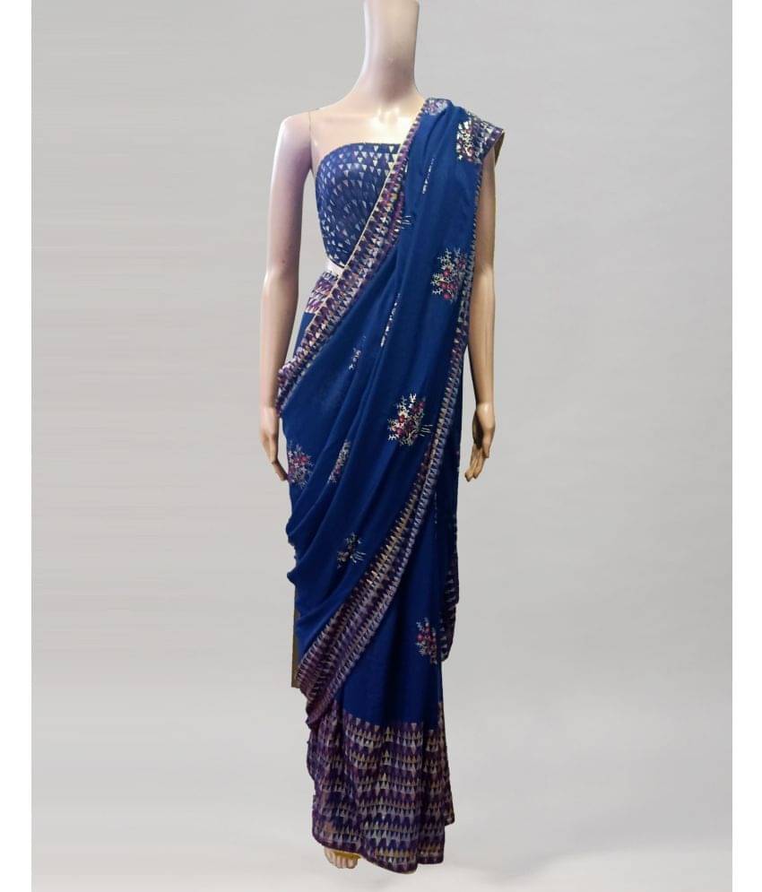     			Satrani Georgette Printed Saree With Unstitched Blouse Piece ( Navy Blue )