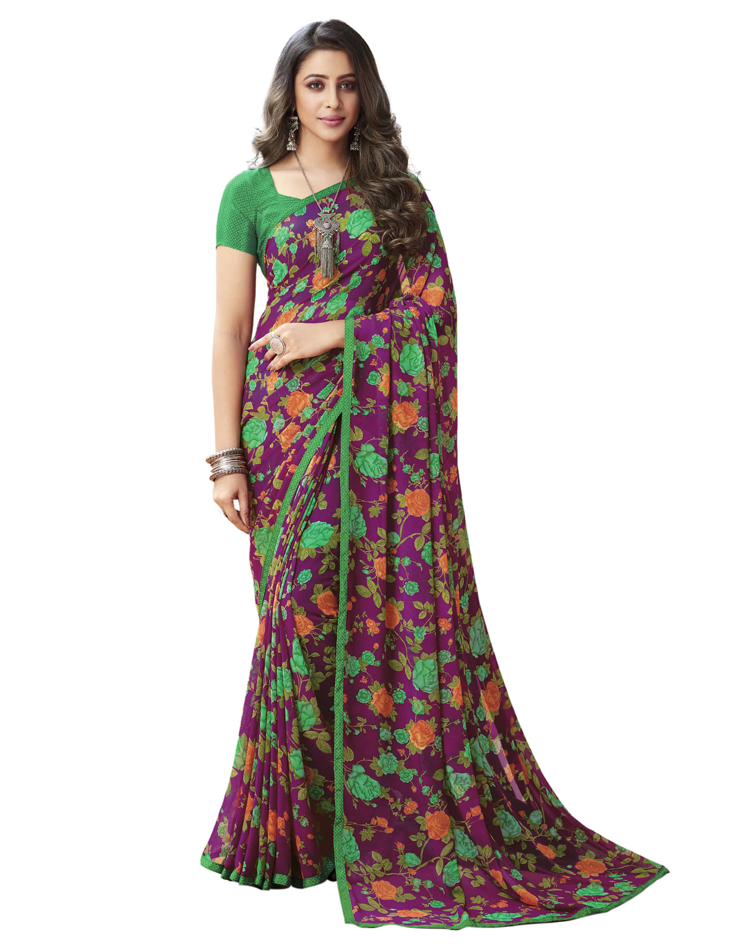     			Satrani Georgette Printed Saree With Unstitched Blouse Piece ( Purple )
