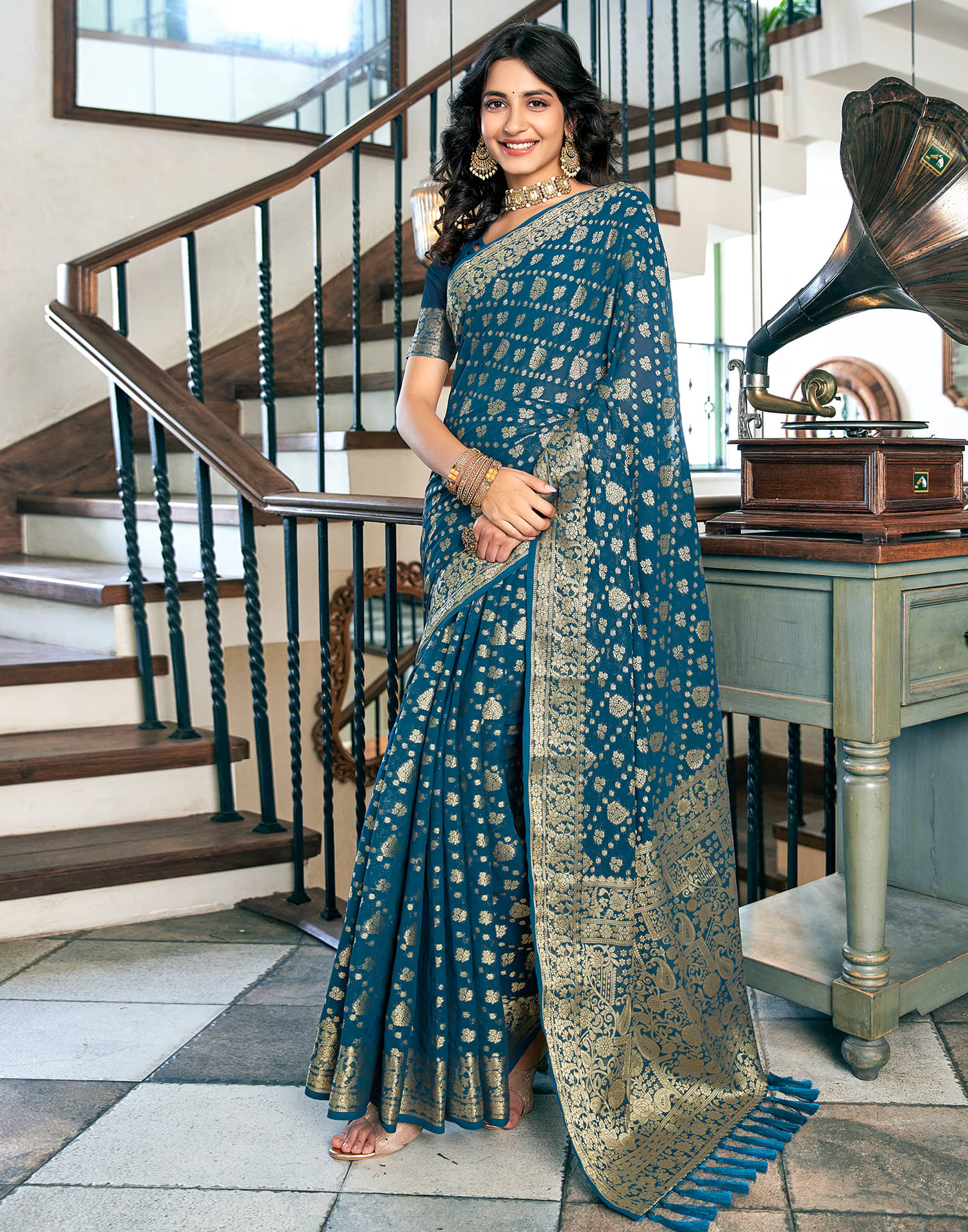 Satrani Georgette Woven Saree With Unstitched Blouse Piece ( Teal ) Satrani Georgette Woven Saree With Unstitched Blouse Piece ( Teal )