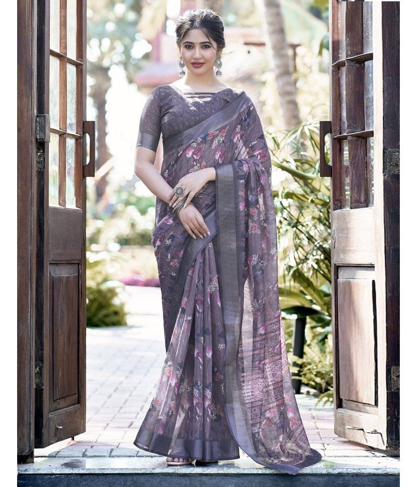 Satrani Linen Printed Saree With Unstitched Blouse Piece ( Grey ) Satrani Linen Printed Saree With Unstitched Blouse Piece ( Grey )