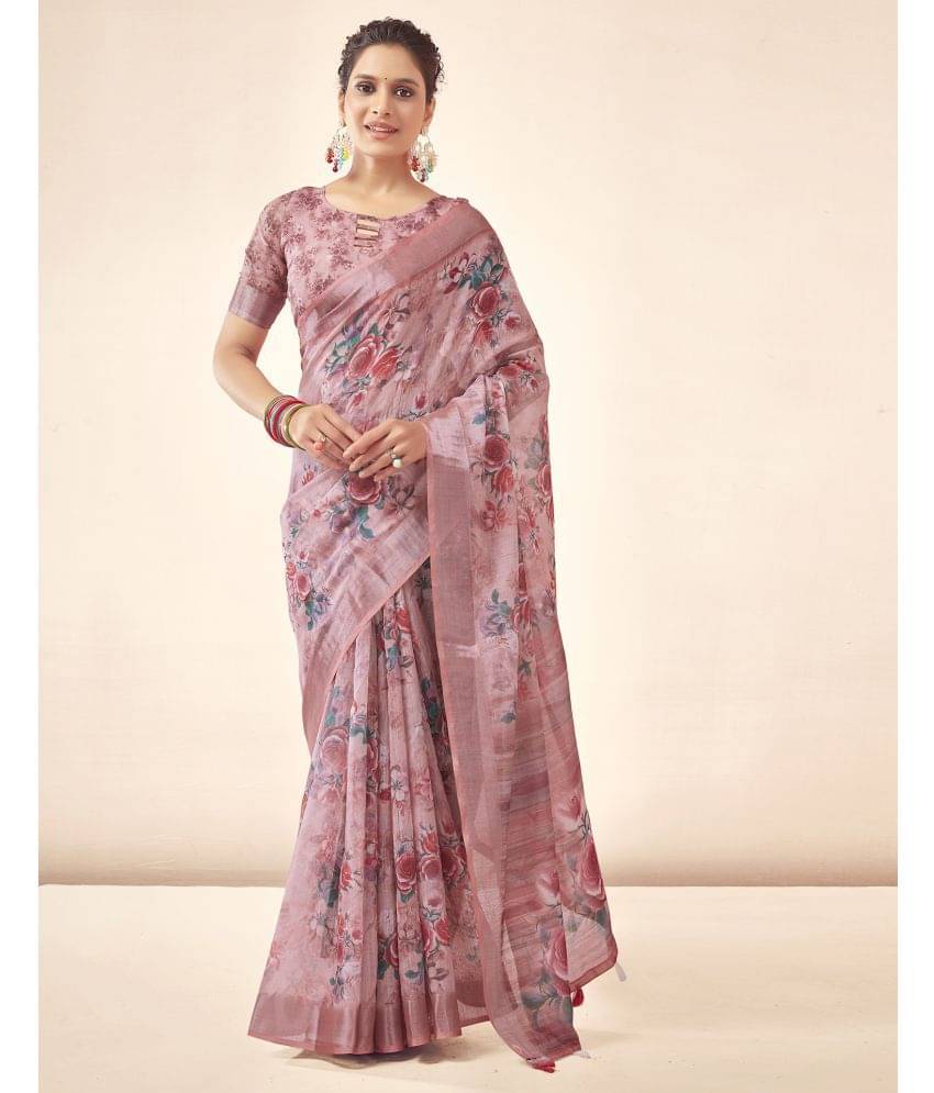 Satrani Linen Printed Saree With Unstitched Blouse Piece ( Pink ) Satrani Linen Printed Saree With Unstitched Blouse Piece ( Pink )