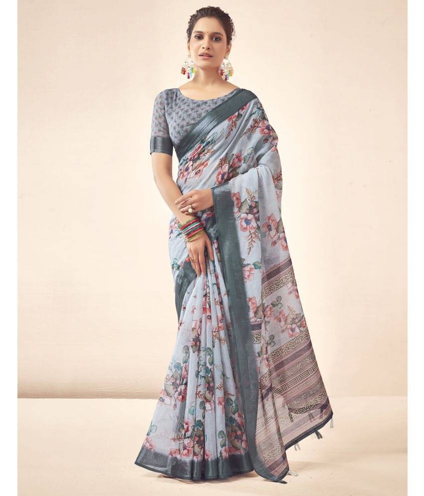     			Satrani Linen Printed Saree With Unstitched Blouse Piece ( Light Grey )