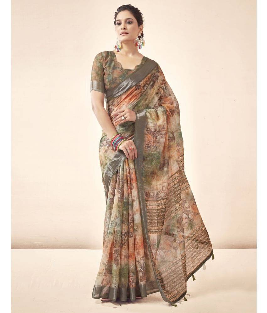    			Satrani Linen Printed Saree With Unstitched Blouse Piece ( Beige )