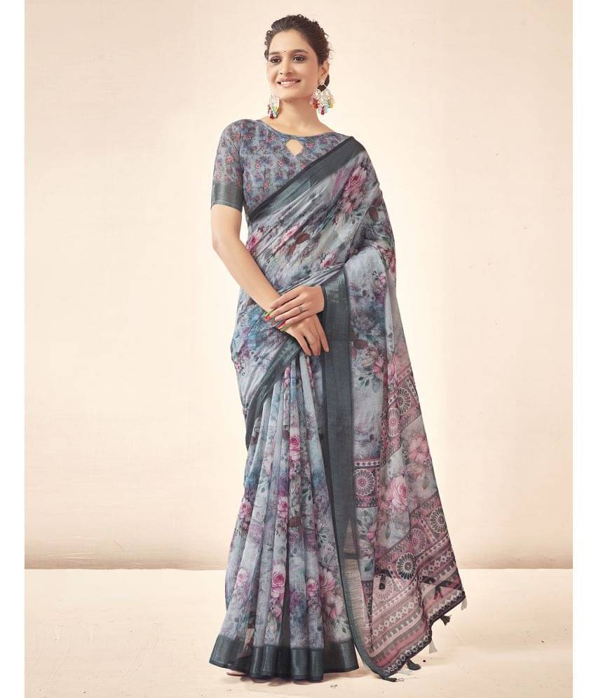     			Satrani Linen Printed Saree With Unstitched Blouse Piece ( Grey )