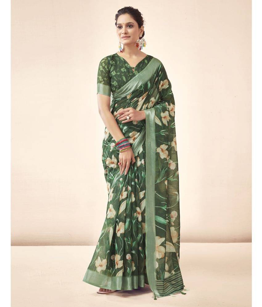     			Satrani Linen Printed Saree With Unstitched Blouse Piece ( Green )