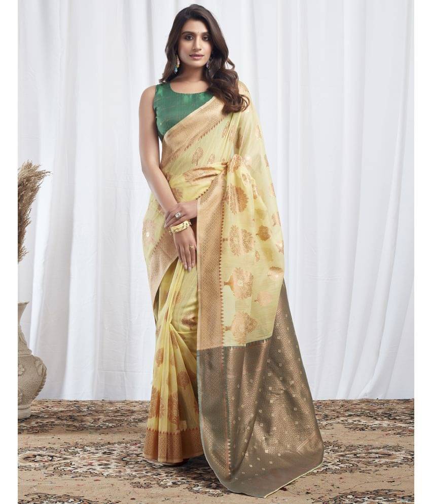    			Satrani Linen Self Design Saree With Unstitched Blouse Piece ( Yellow )