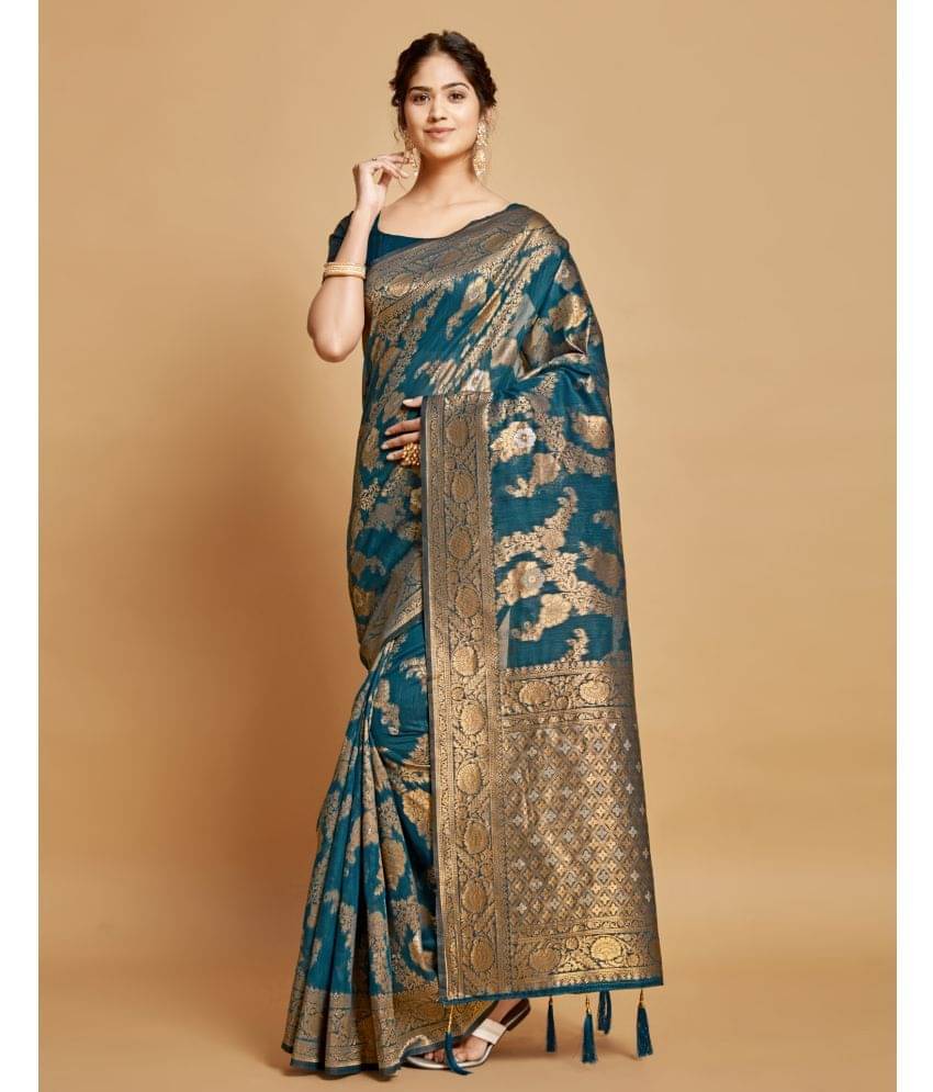     			Satrani Linen Woven Saree With Unstitched Blouse Piece ( Teal )